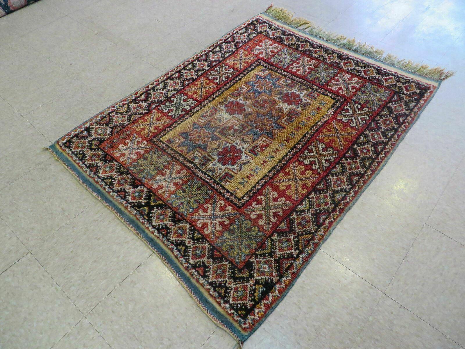 Vintage Moroccan Rug 4x5 ft, Bronze Red Black, Geometric Stars, High Quality Moroccan Carpet, Berber Rug, Handmade Wool Area Rug, Unique Rug