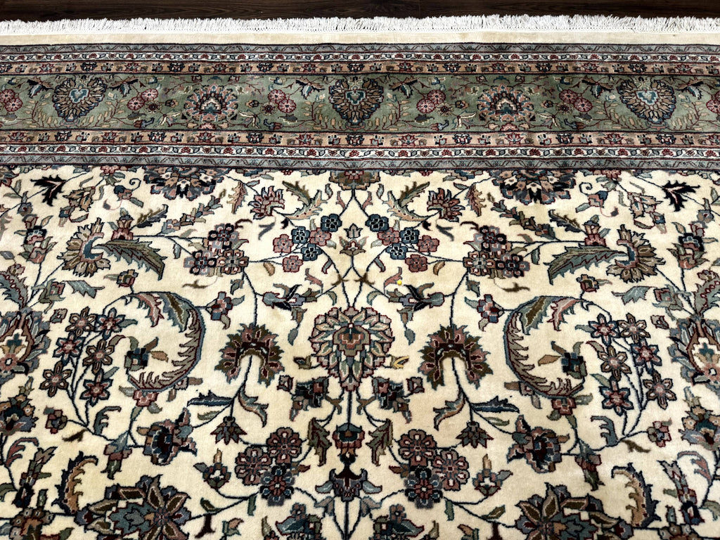 Indo Persian Rug 9x12, Allover Floral Pattern, Ivory & Green, Traditional Oriental Carpet