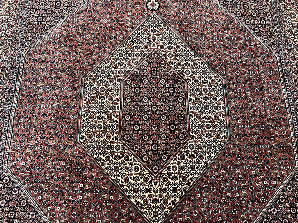 Wonderful Persian Bidjar Rug 7x8 ft, Almost Square Oriental Carpet, Herati Mahi, Highly Detailed, Ivory Red Navy Blue, Very Fine Handmade Bijar Rug