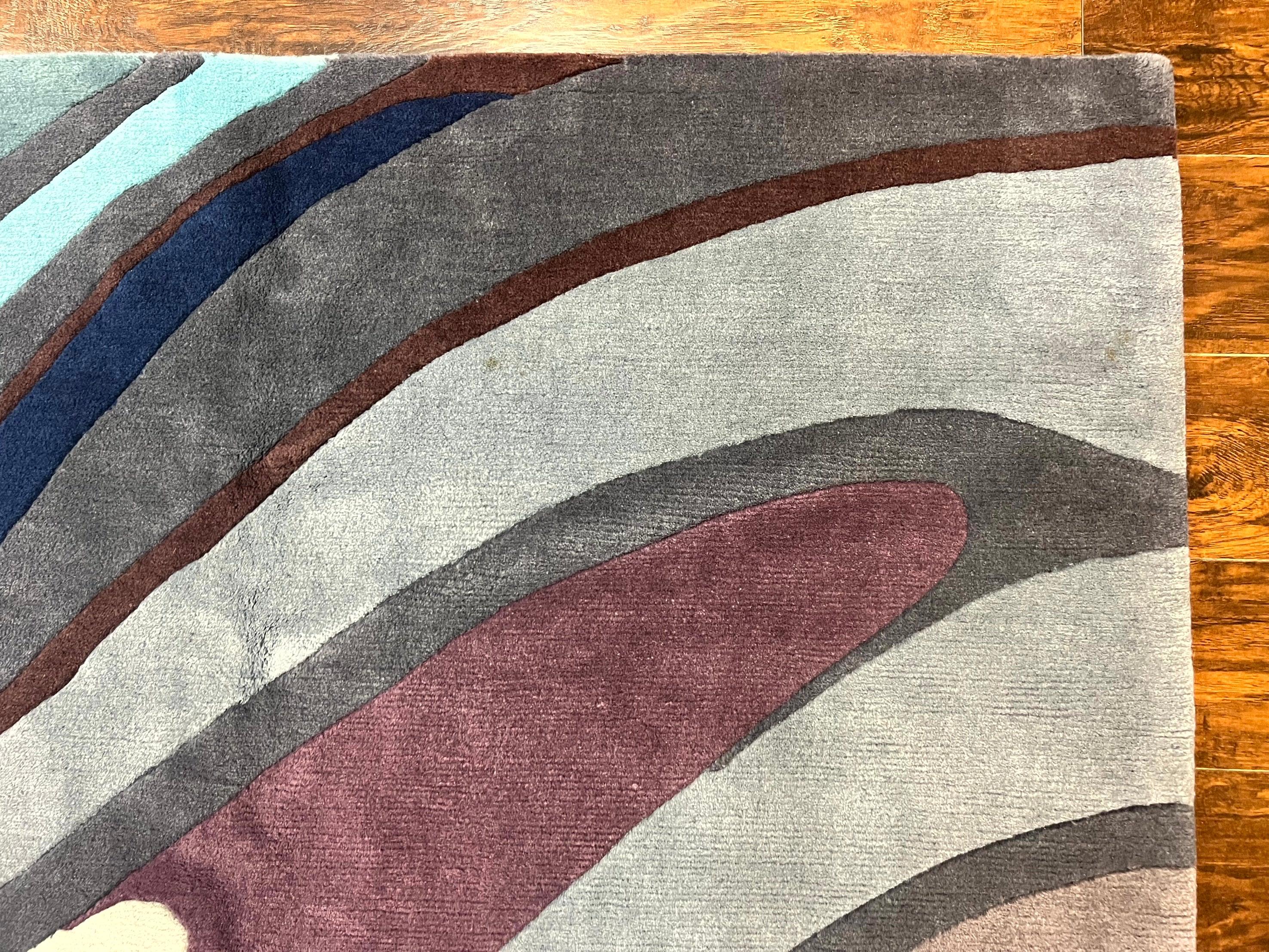 Modern Nepali Handmade Wool Rug 6x8, Blues Gray Mauve, Abstract, Nepali Tibetan Rug