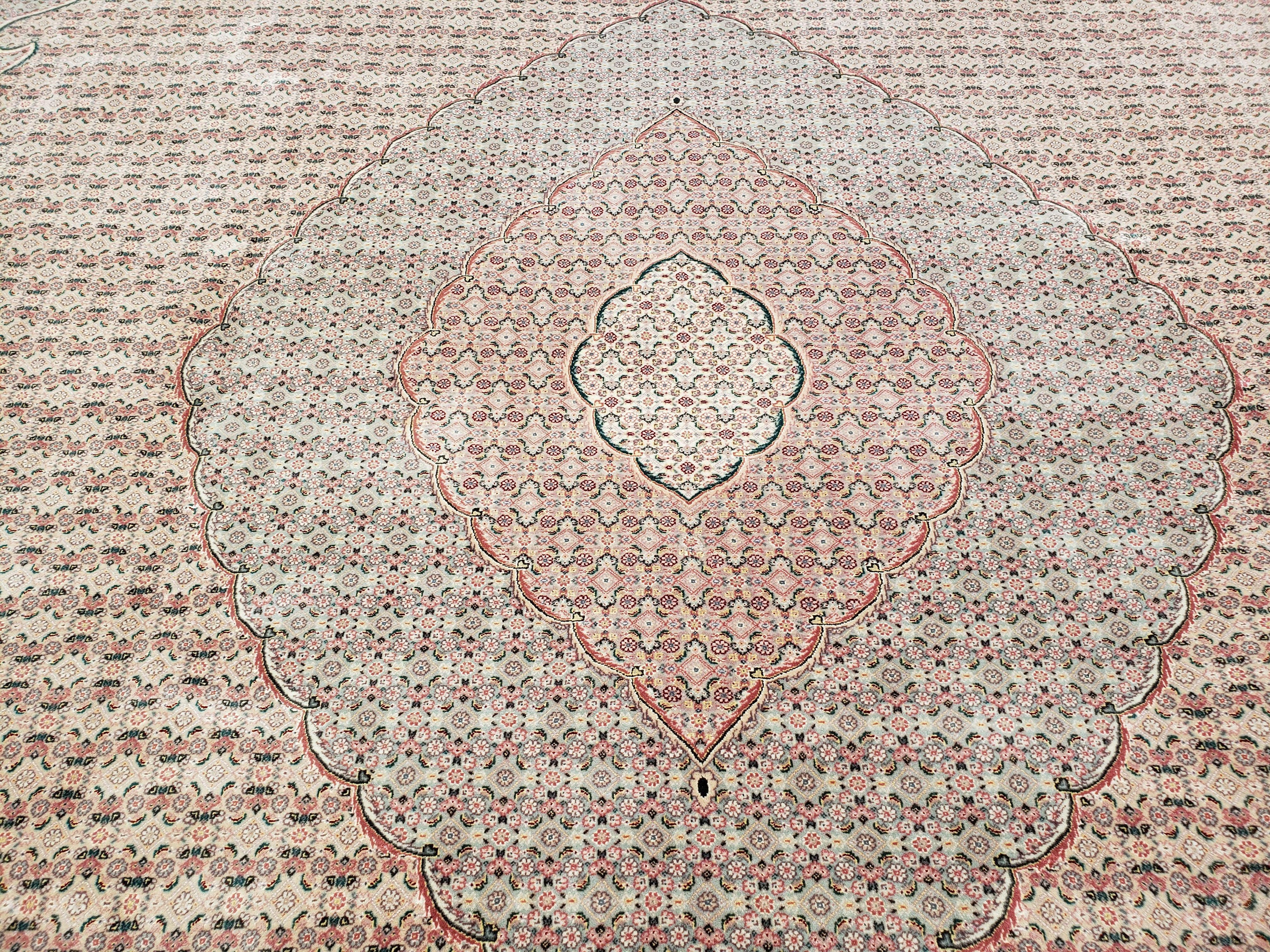 Stunning Oversized Pak Persian Oriental Rug 12x15, Hand Knotted Wool & Silk Palace Sized Carpet, Mahi Pattern, Very Fine, Peach Beige, Wow