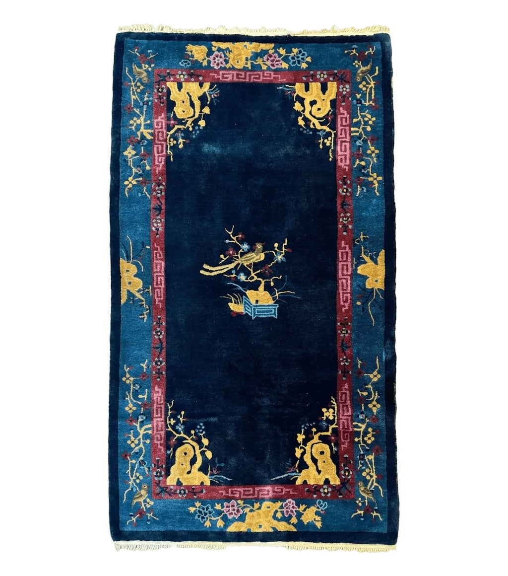 Antique Chinese Peking Rug 3x6, Dark Blue, Bird Motif, Handmade Wool Art Deco Asian Oriental Carpet, Pair B