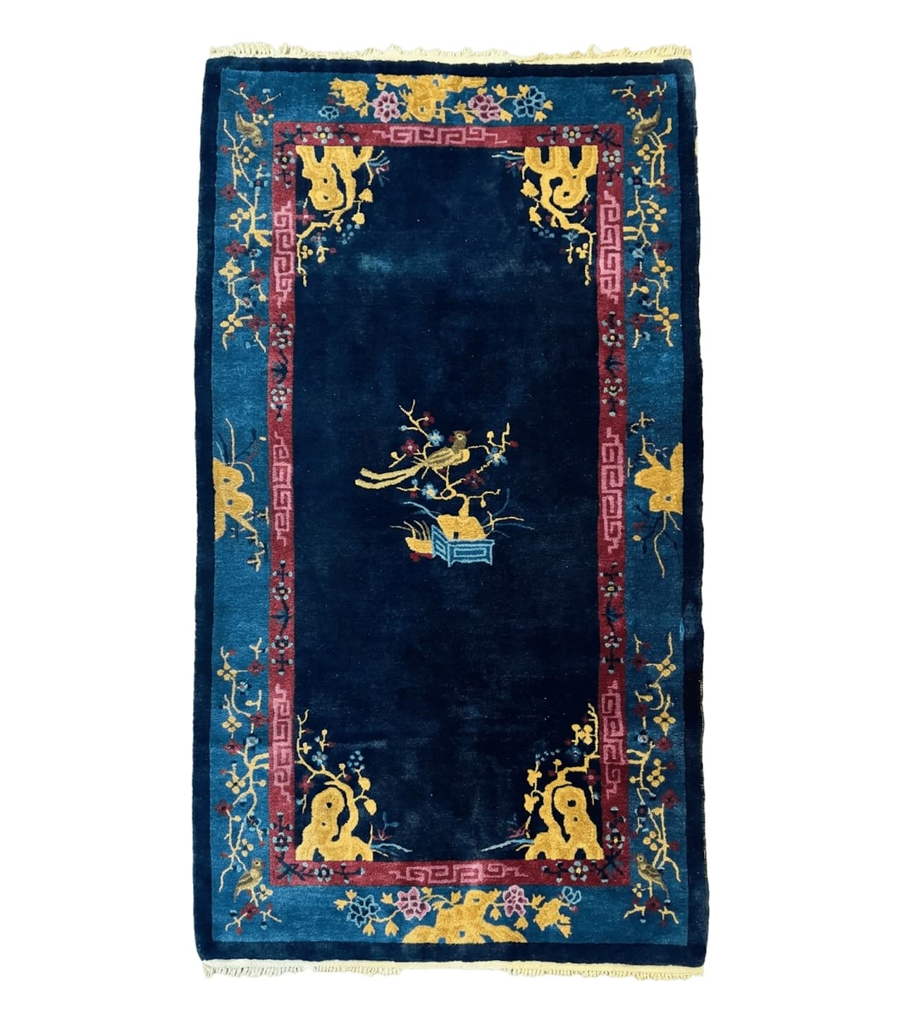 Antique Chinese Peking Rug 3x6, Dark Blue, Bird Motif, Handmade Wool Art Deco Asian Oriental Carpet, Pair B