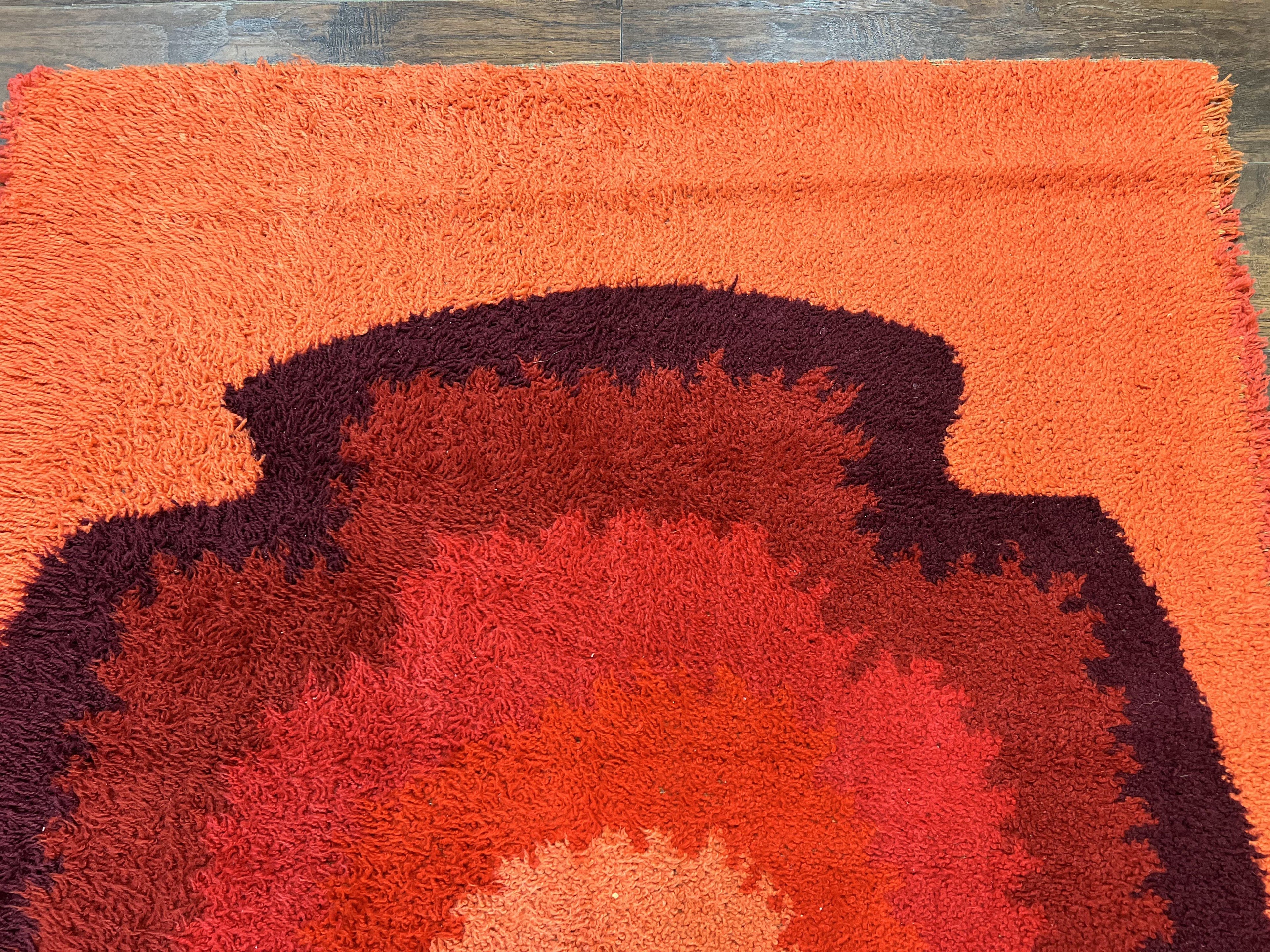 Danish Rya Shag Rug 4x6, Mid Century 1960s Retro Vintage Wool Rug, Shades of Red