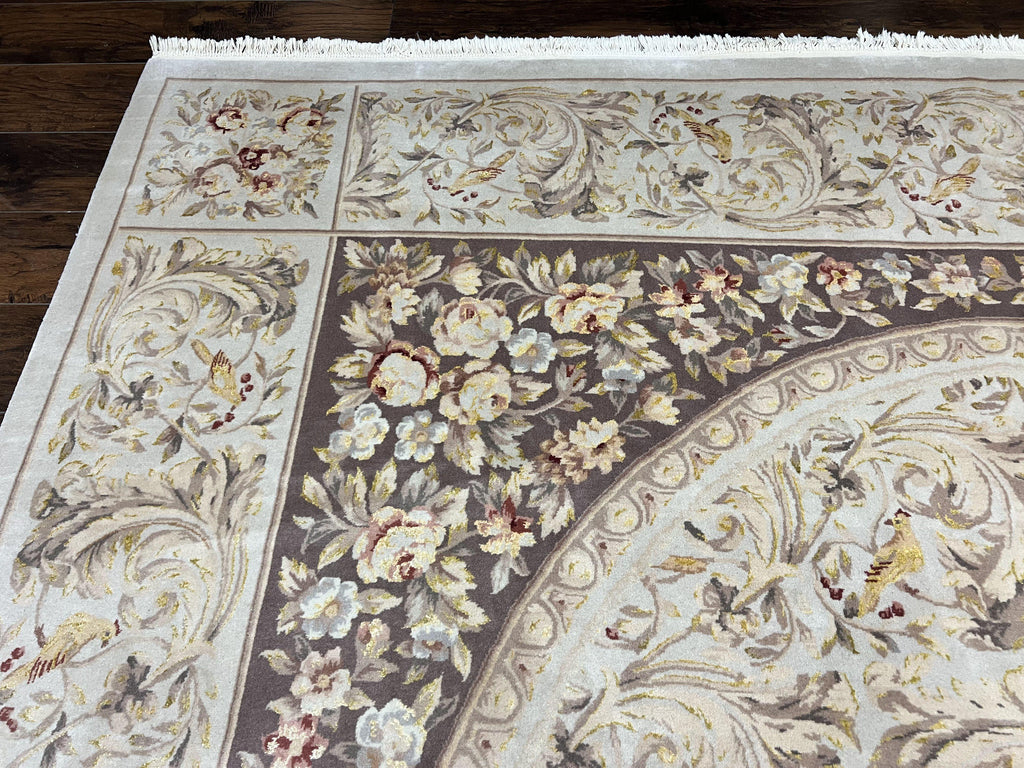 Aubusson Rug 10x14, Wool & Silk Highlights Hand Knotted Vintage Carpet, Birds Flowers, Fine Details, Elegant