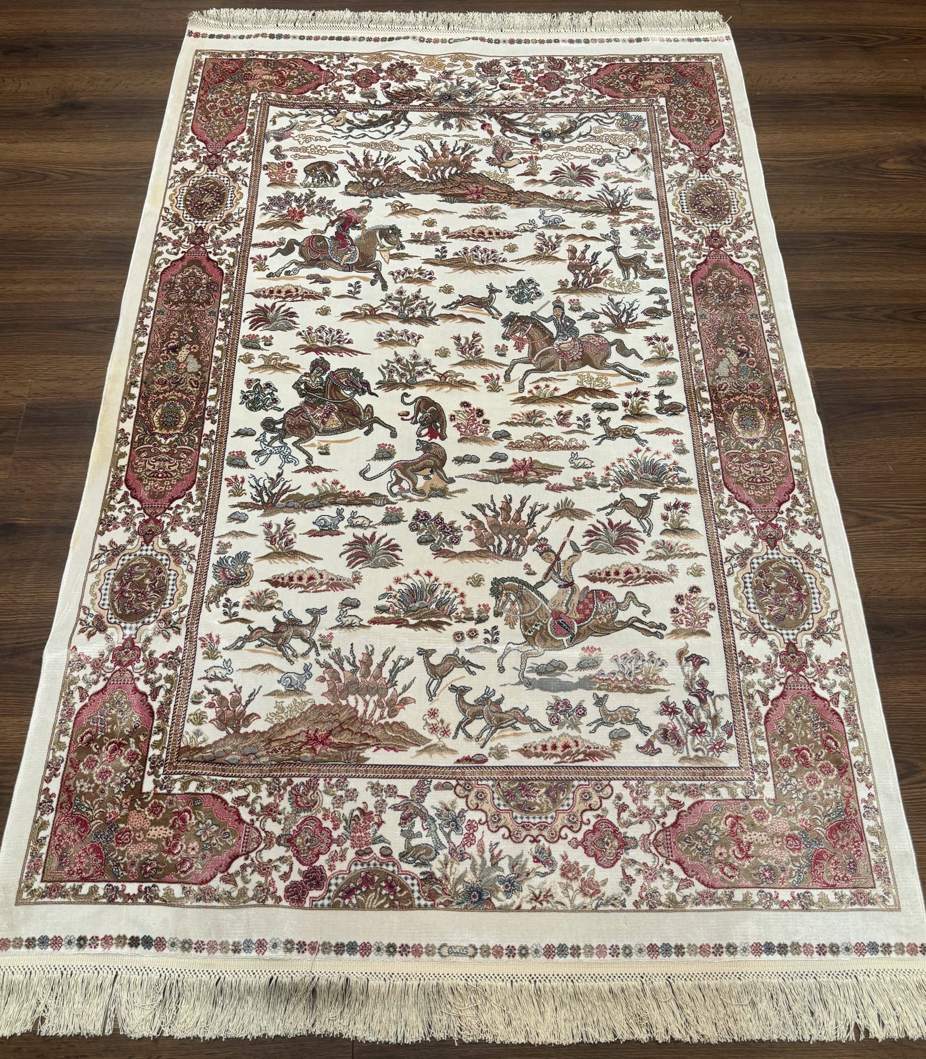 Turkish Silk Hunting Scene Rug 4x6, Ivory, Bamboo Silk, New