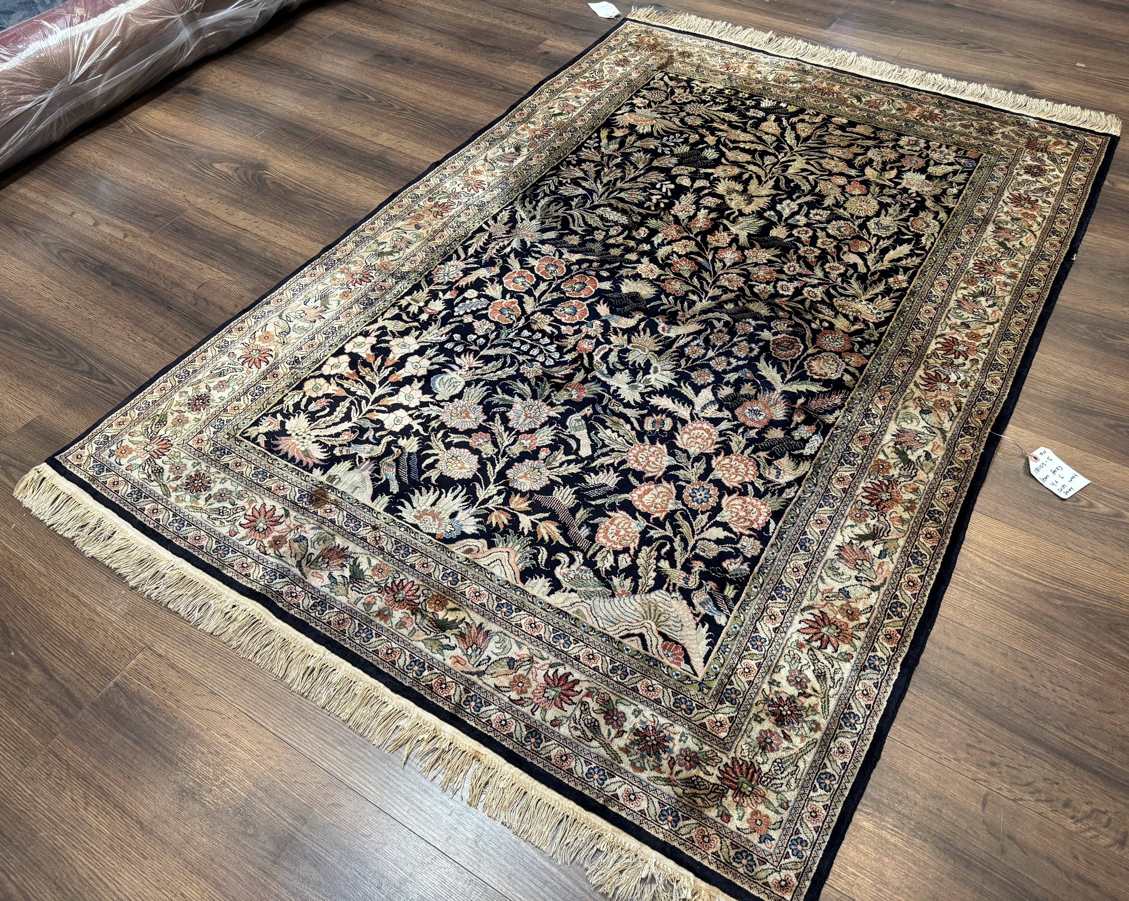 Silk Rug 4x6, Black and Cream, Floral & Bird Pictorials, Fine 330 KPSI, Sino Persian Rug
