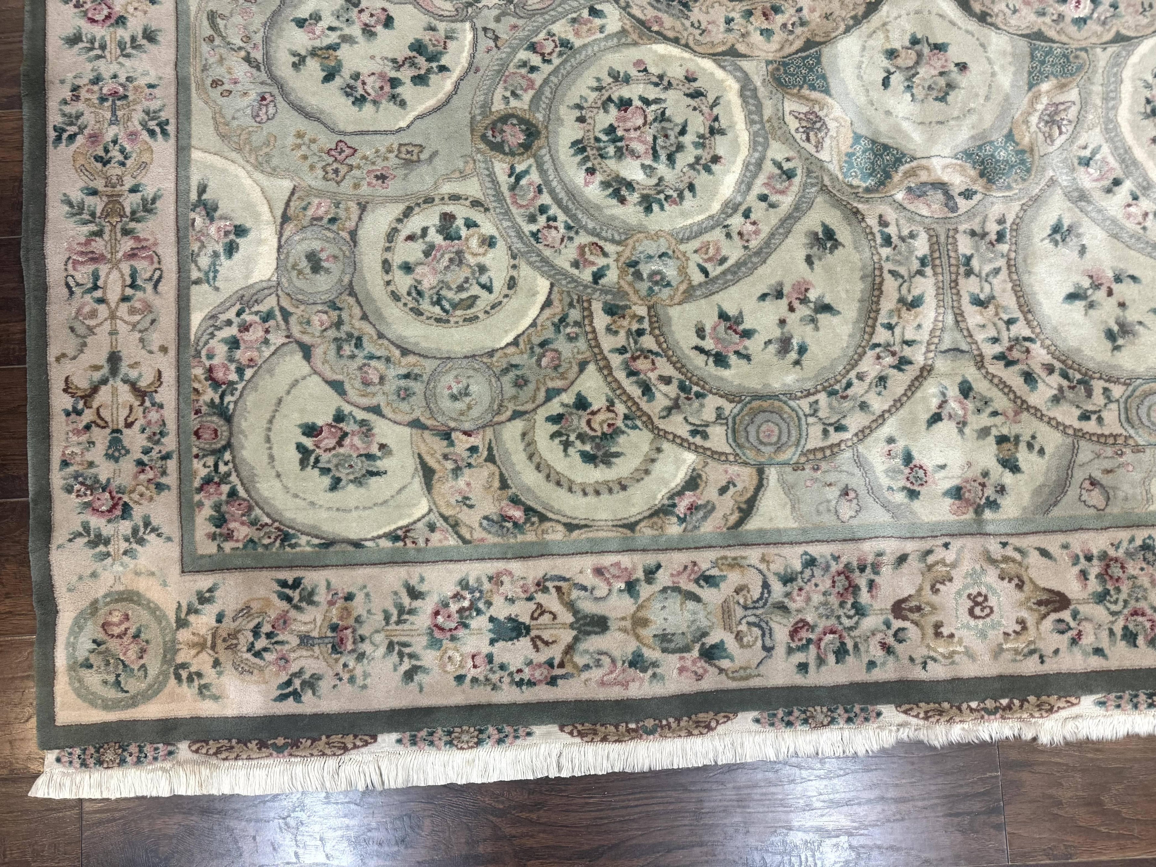 Pak Persian Rug 9x12, Wool with Silk Highlights, European Design, Floral, Green