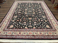 Pak Persian Rug 9x12, Floral Allover, Hand Knotted Oriental Carpet 9 x 12 ft, Black and Cream, Detailed, Wool with Silk Highlights, Vintage