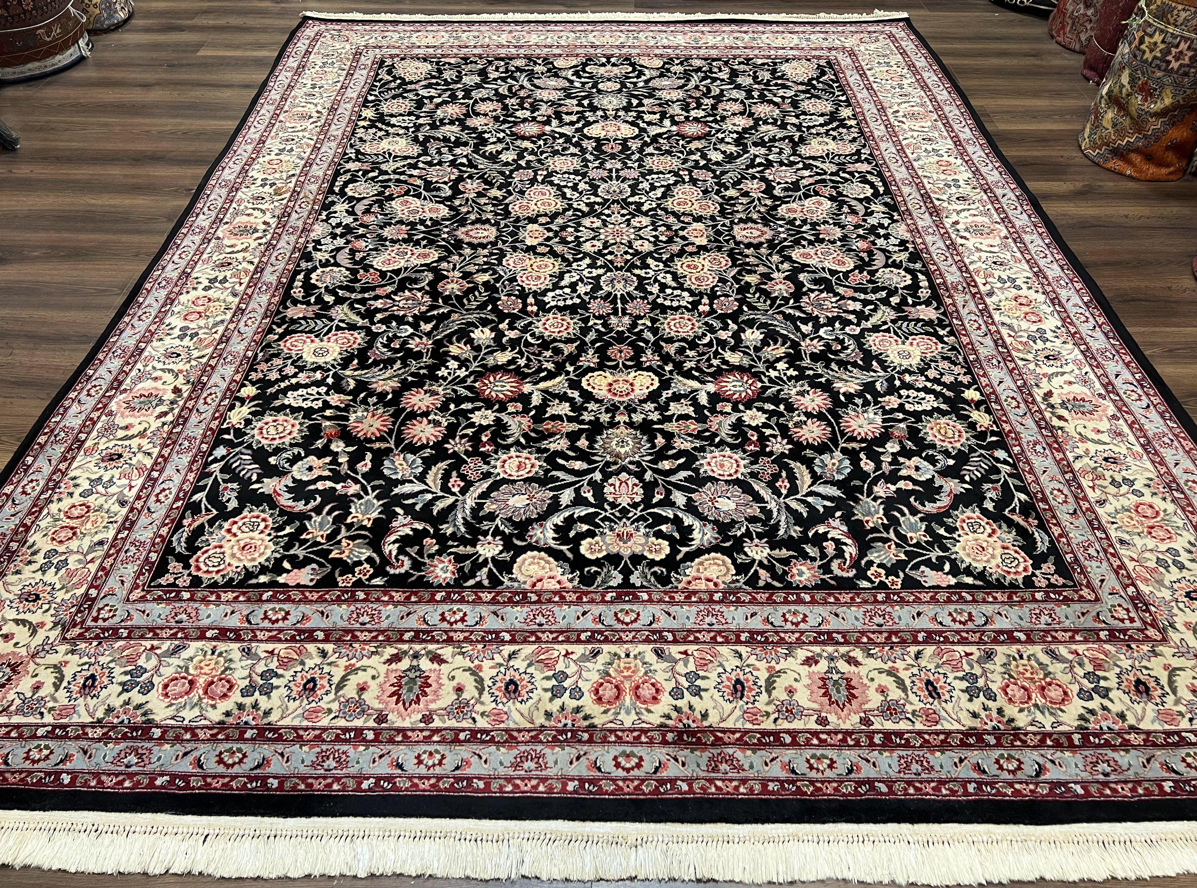 Pak Persian Rug 9x12, Floral Allover, Hand Knotted Oriental Carpet 9 x 12 ft, Black and Cream, Detailed, Wool with Silk Highlights, Vintage