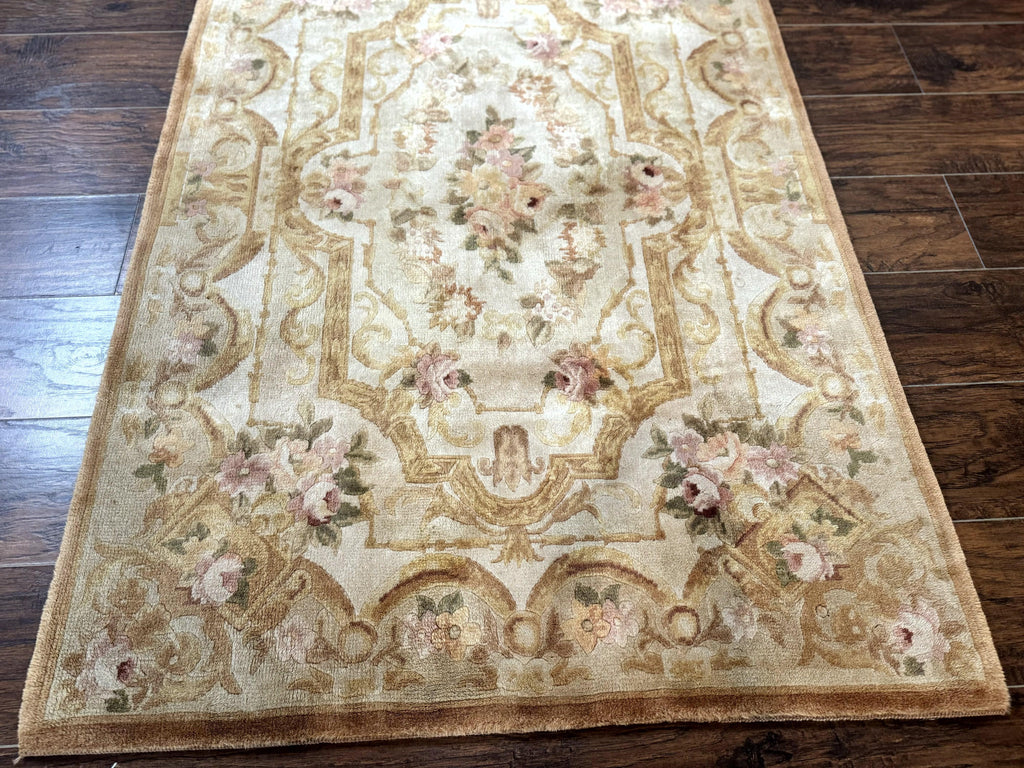 Chinese Aubusson Rug 3.6 x 5, Beige and Gold, Handmade Vintage Elegant European Design Carpet, Plush Wool, Handmade