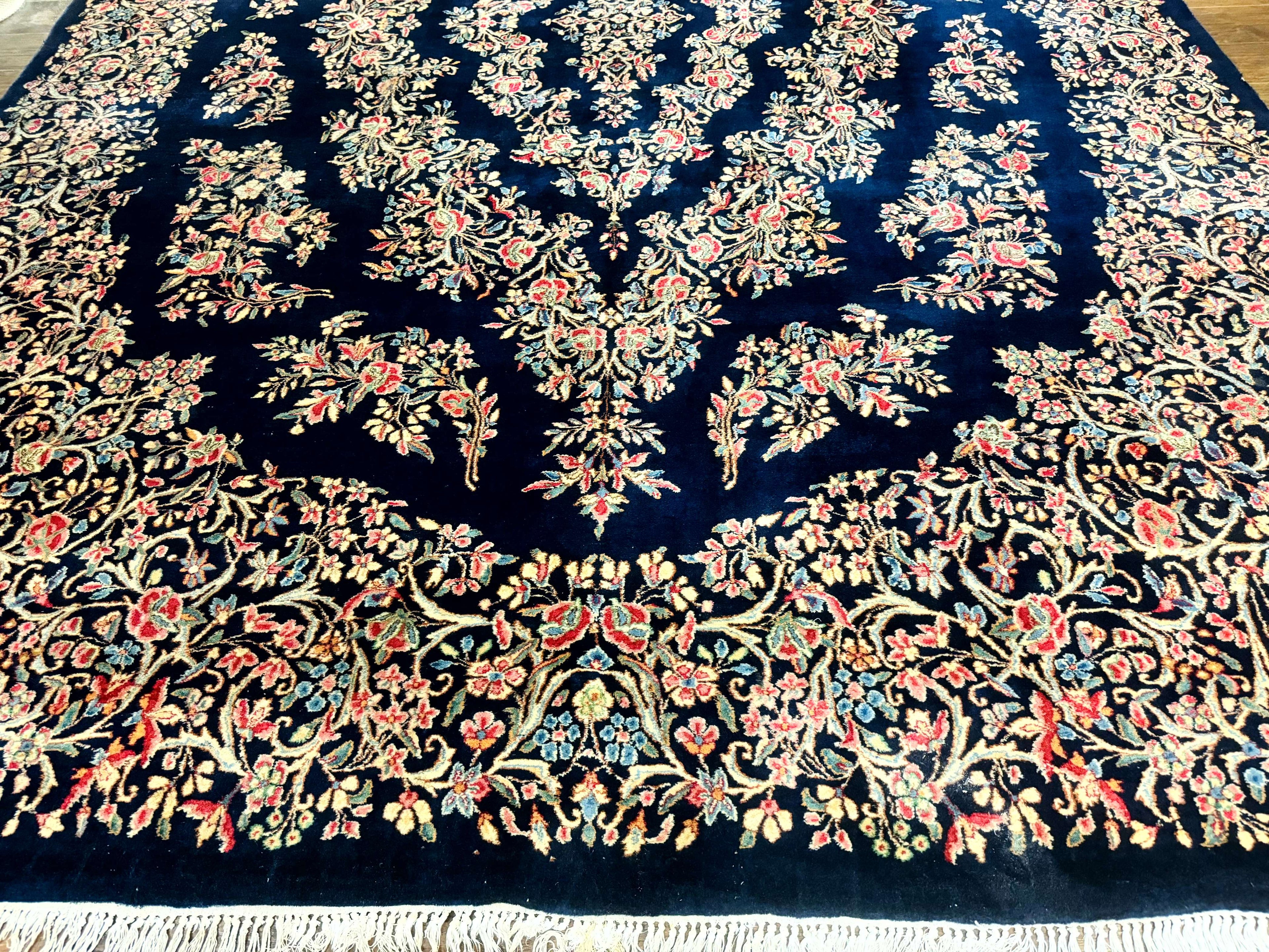 Antique Persian Kerman Rug 10x13, Navy Blue Floral Carpet, Fine 270 KPSI