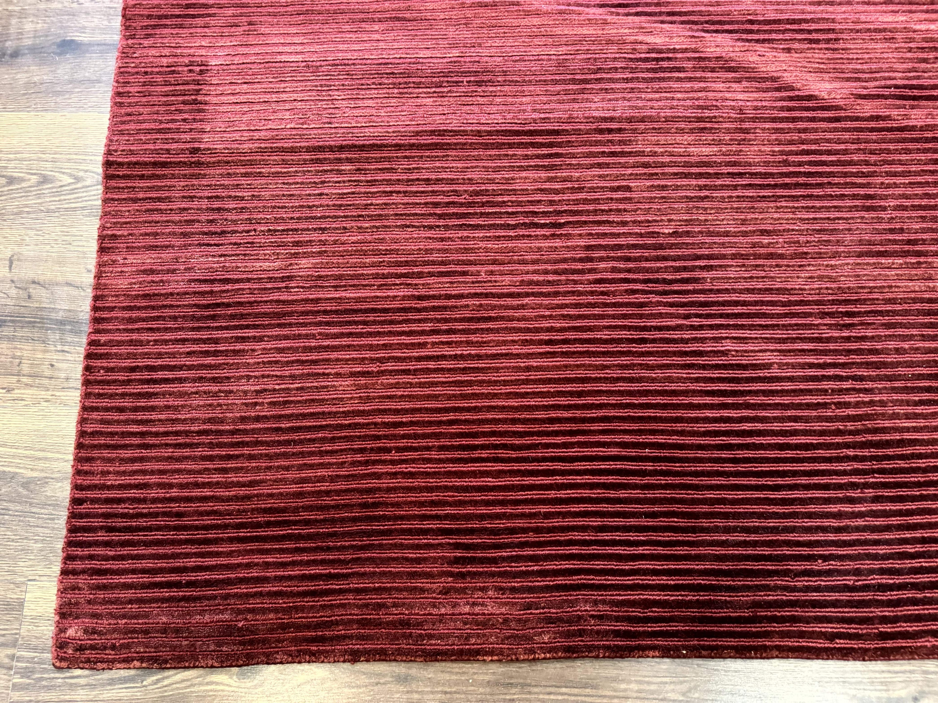 Modern Tibetan Rug 8x10, Red, Stripes, Handmade Wool Thick Pile Carpet