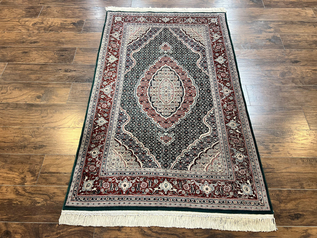 Sino Persian Rug 4x6, Wool with Silk Highlights, Fine Hand Knotted Carpet, Green & Maroon Red, Herati Medallion, Vintage Rug