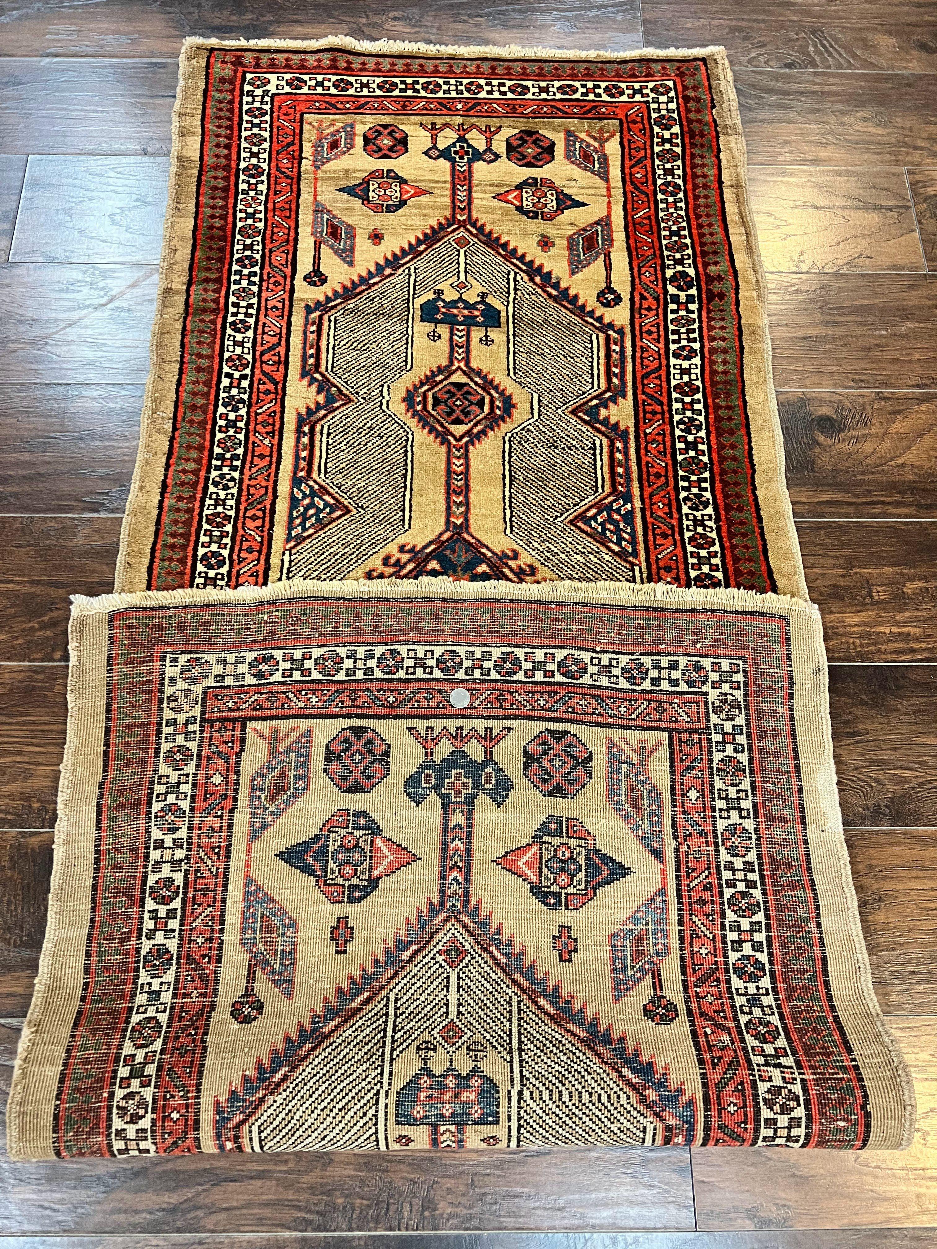 Antique Persian Runner 3 x 7, Camel Hair Runner 3x7 ft, Handmade Hallway Rug, Geometric Design, Tribal Rug, Persian Sarab Rug 3x7