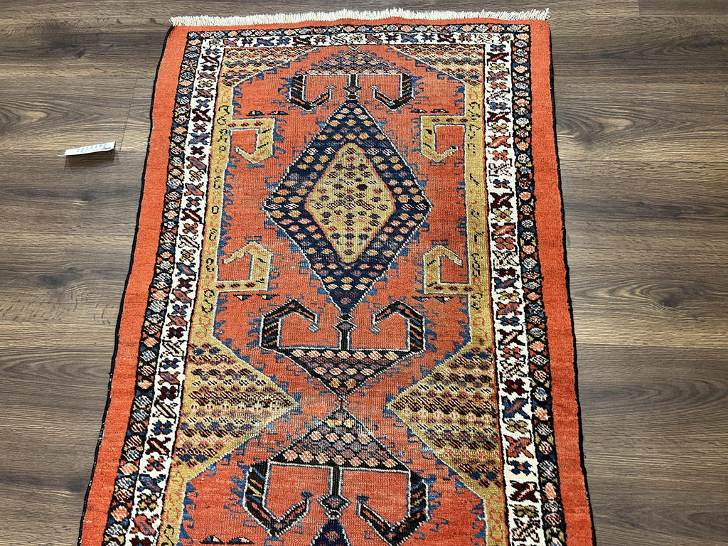 Rare Persian Tribal Runner Rug 3 x 11, Sarab Serab Persian Runner, Antique 1920s Collectible Geometric Medallions Oriental Wool Runner, Hand Knotted, Bright Orange-Red