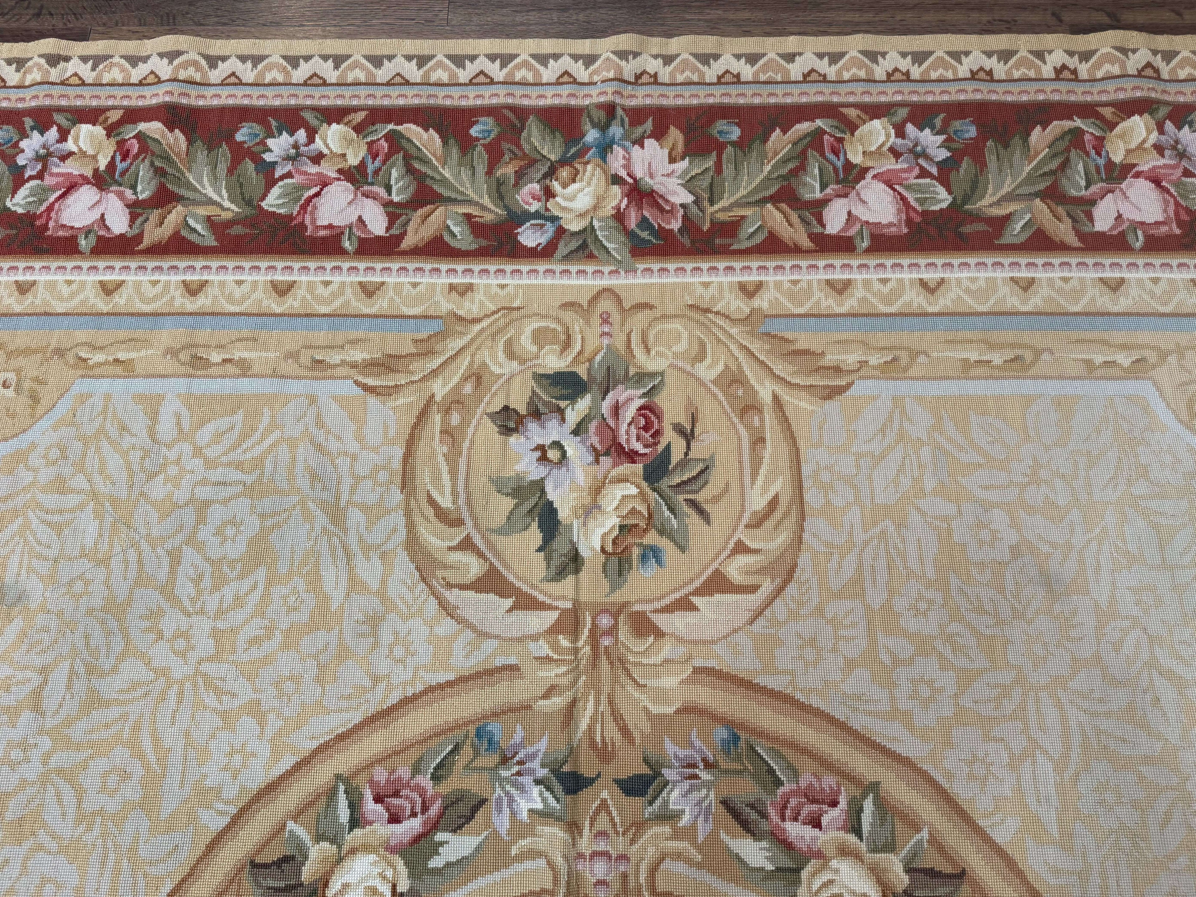 Needlepoint Rug 8x10, Aubusson Savonnerie European Carpet, Floral, Elegant