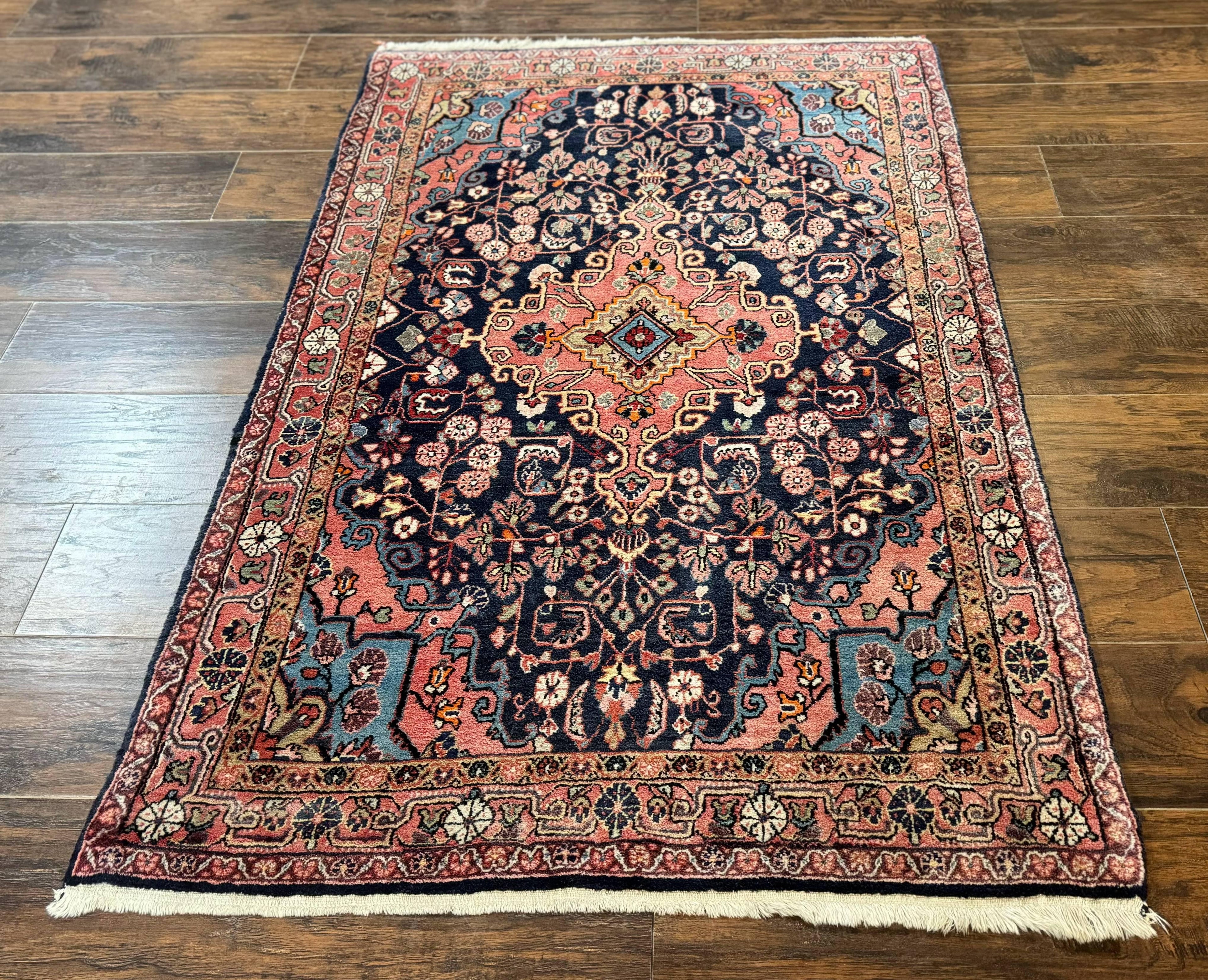 Persian Rug 3x5, Jozan Sarouk Rug, Navy Blue and Coral, Medallion Rug, Semi Antique