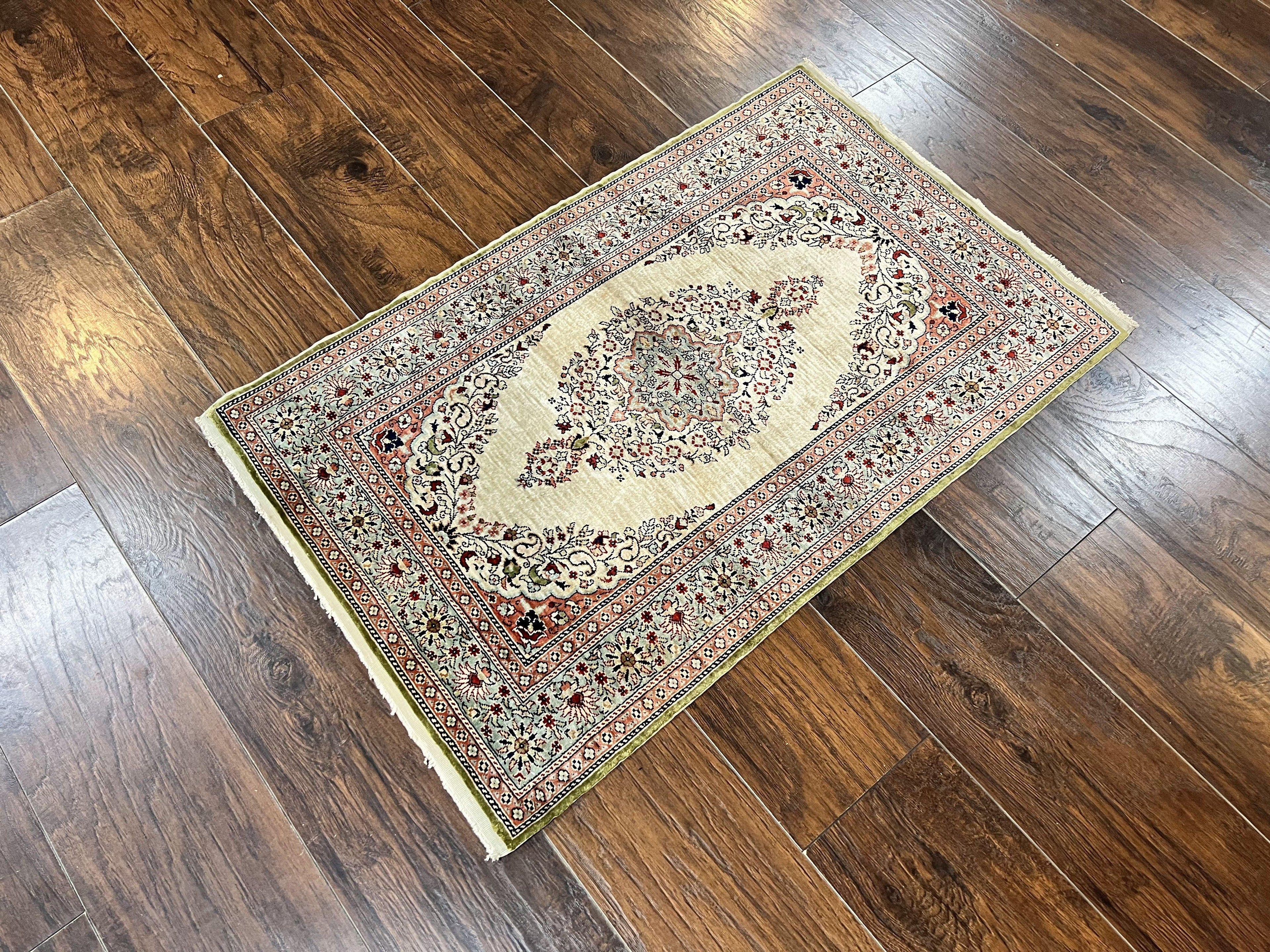 Silk Turkish Kayseri Rug 2x3, Very Finely Hand Knotted, Semi Open Field, Vintage, Silk Pile on Silk Foundation, 300 KPSI