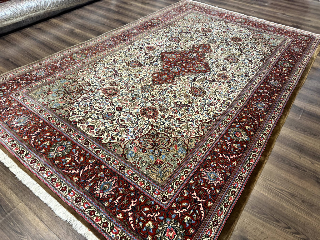 Persian Qum Rug 7x11, Beige and Red, Highly Detailed Floral Pattern, Fine 260 KPSI
