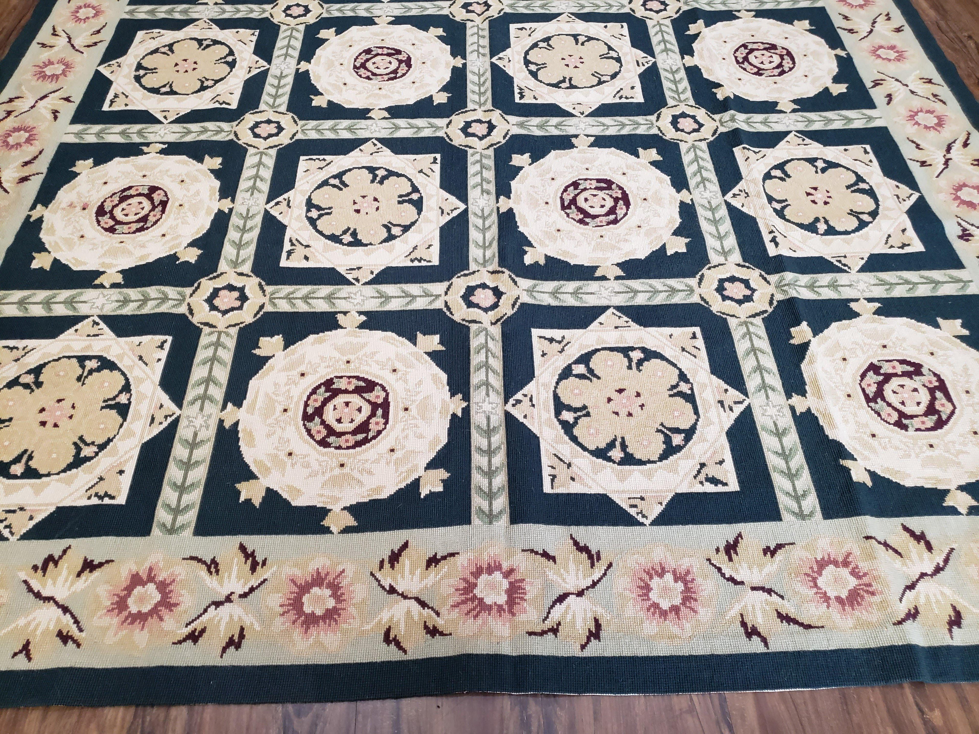 Vintage Chinese Needlepoint Rug 6x9, Panel Design Area Rug Wool Hand-Woven Black & Ivory Carpet Flat Weave Bedroom Rug 6 x 9 Living Room Rug