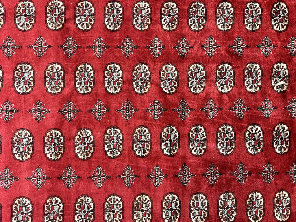 Turkoman Rug 8 x 11.6, Red Bokhara Pakistani Carpet, Wool Handmade Vintage Rug