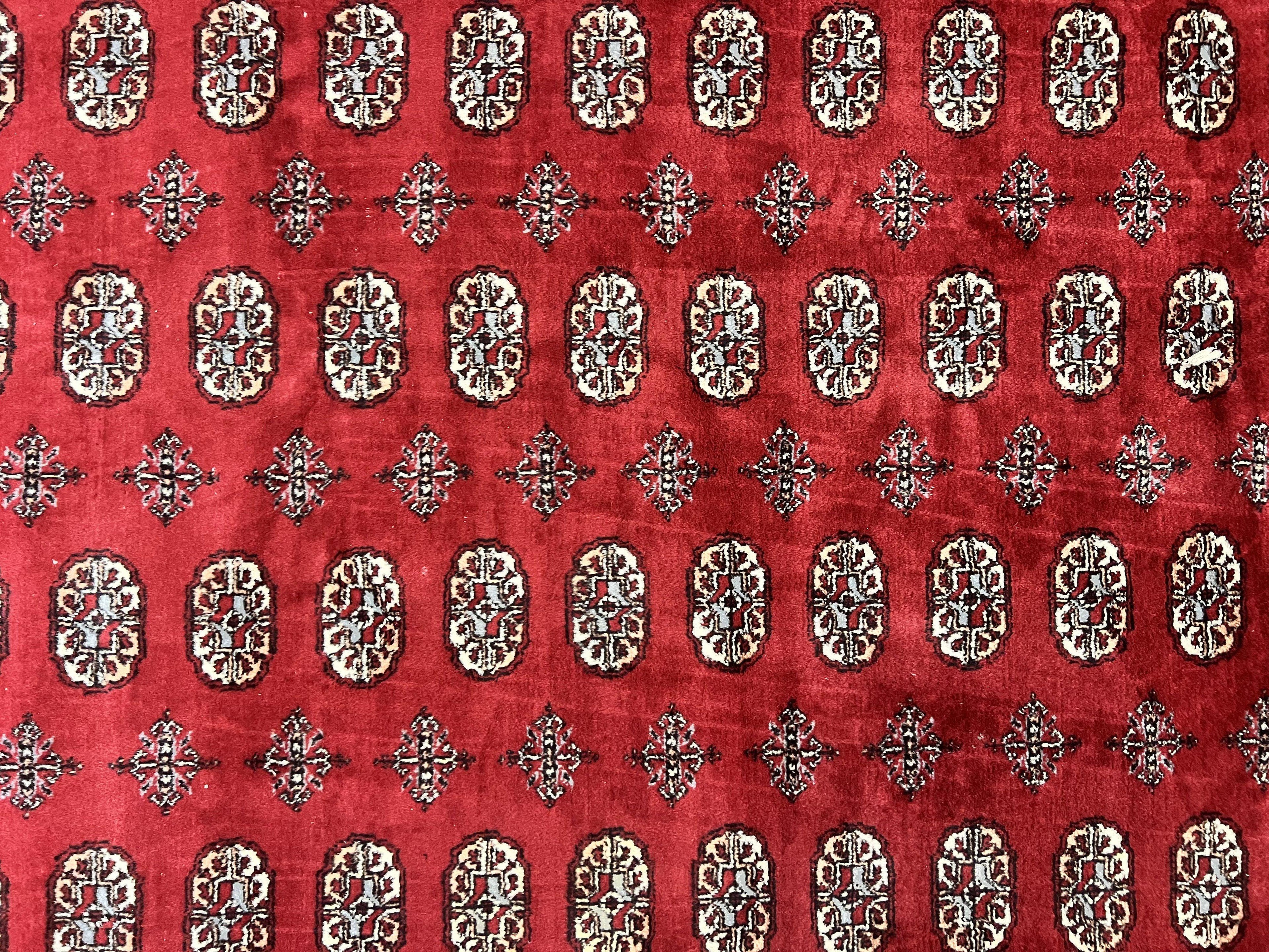 Turkoman Rug 8 x 11.6, Red Bokhara Pakistani Carpet, Wool Handmade Vintage Rug