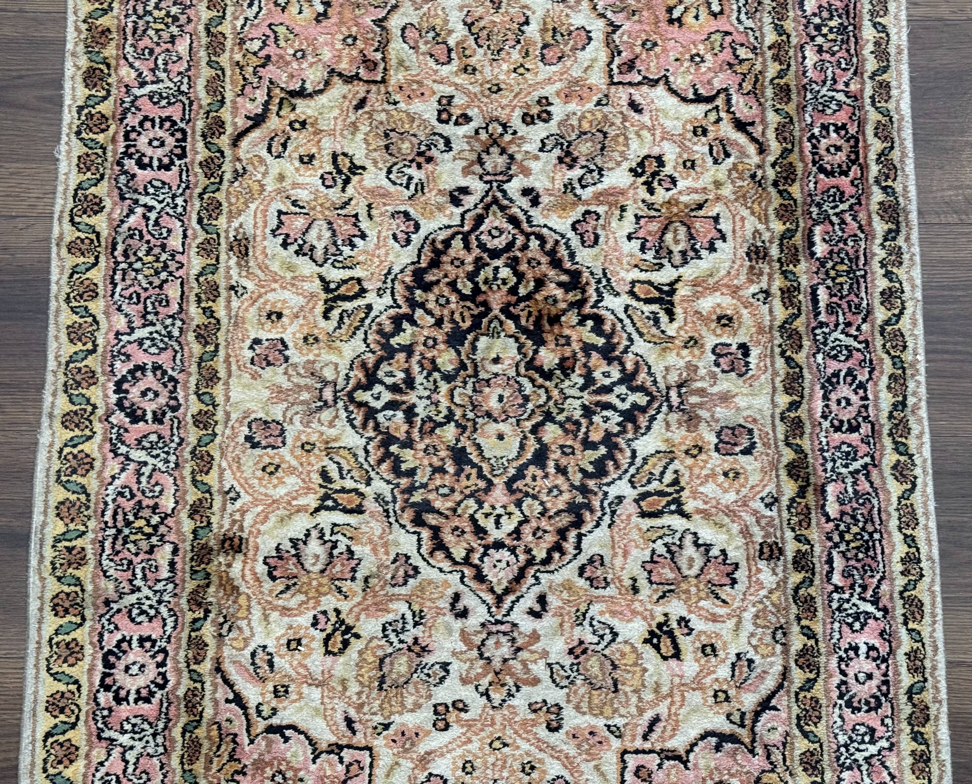 Silk Indian Kashmiri Runner Rug 2.7 x 9.8, Floral Medallions