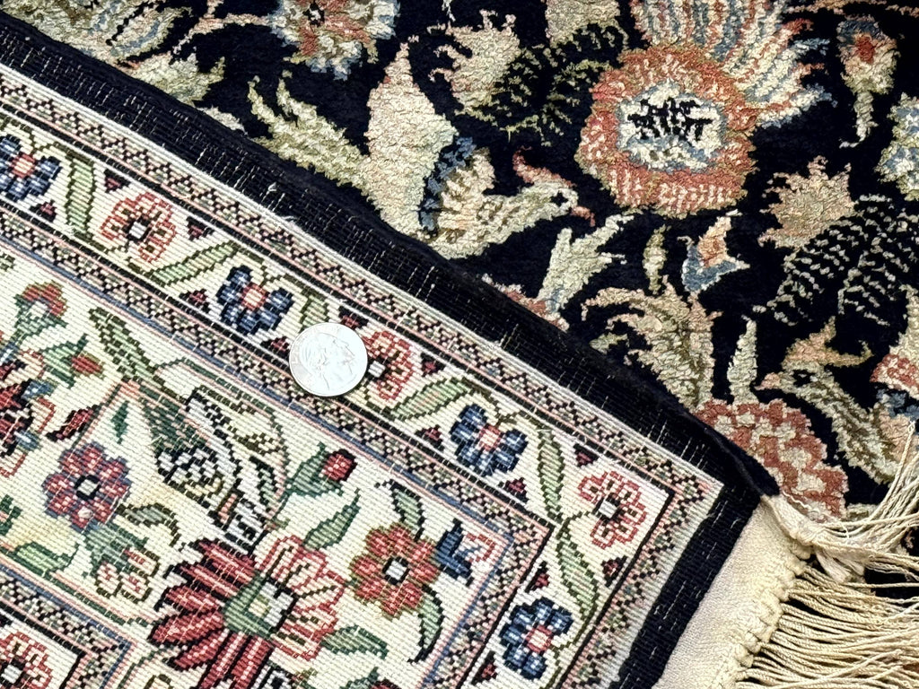 Silk Rug 4x6, Black and Cream, Floral & Bird Pictorials, Fine 330 KPSI, Sino Persian Rug