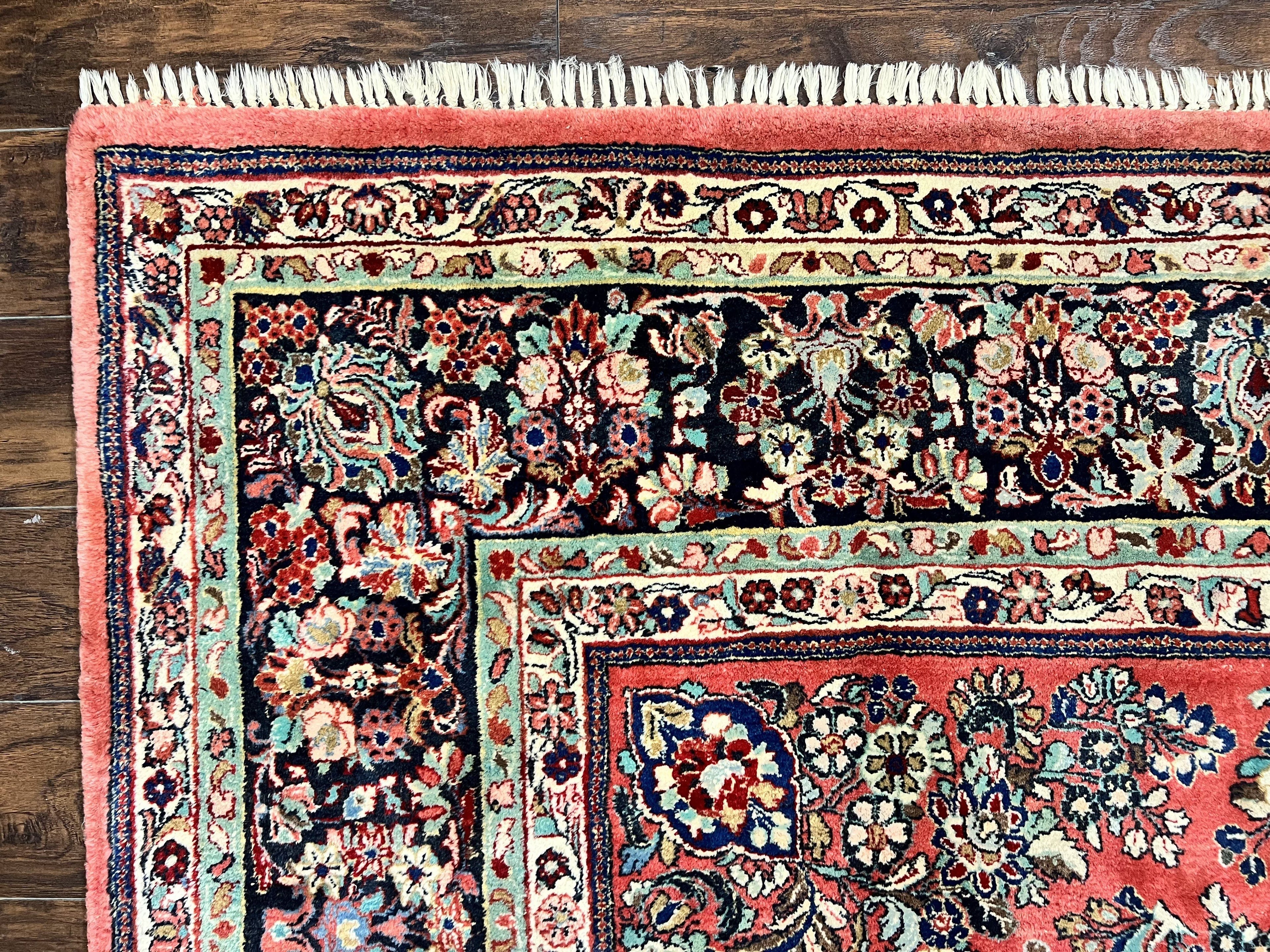 Square Persian Sarouk Rug 11x11 ft, Rare Size, Hand Knotted Wool Floral Allover Red Persian Carpet, Handmade Antique Rug