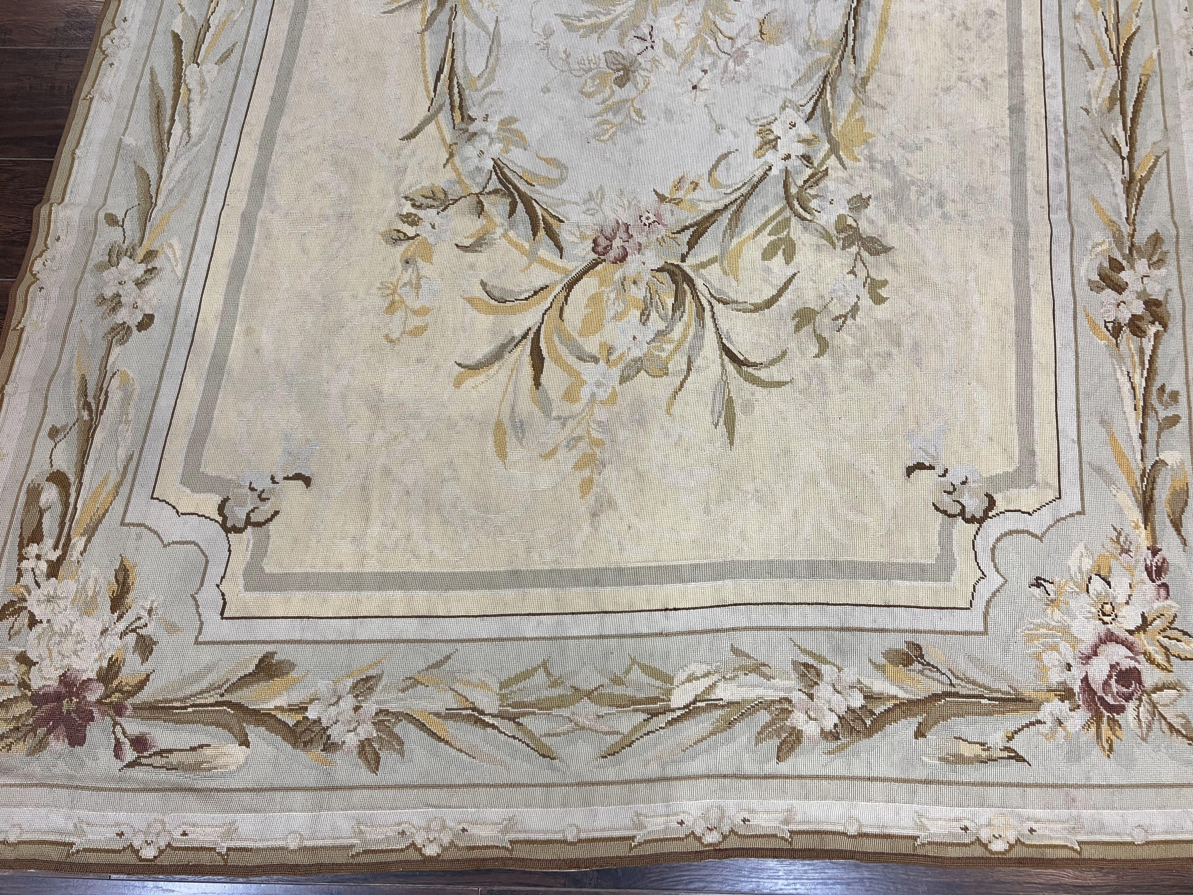 Needlepoint Rug 6x9, Elegant European Design Aubusson Carpet, Vintage Wool Handmade Rug, Light Yellow Ivory