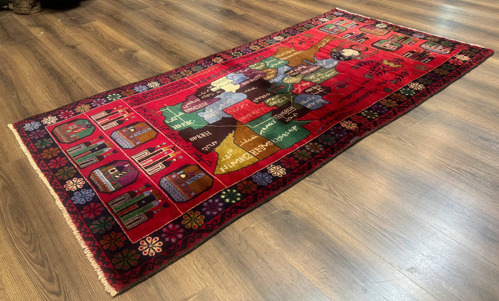 Afghan Rug 3x7, Map of Afghanistan, War Rug, Tribal Rug, Balouch Rug, New, Red