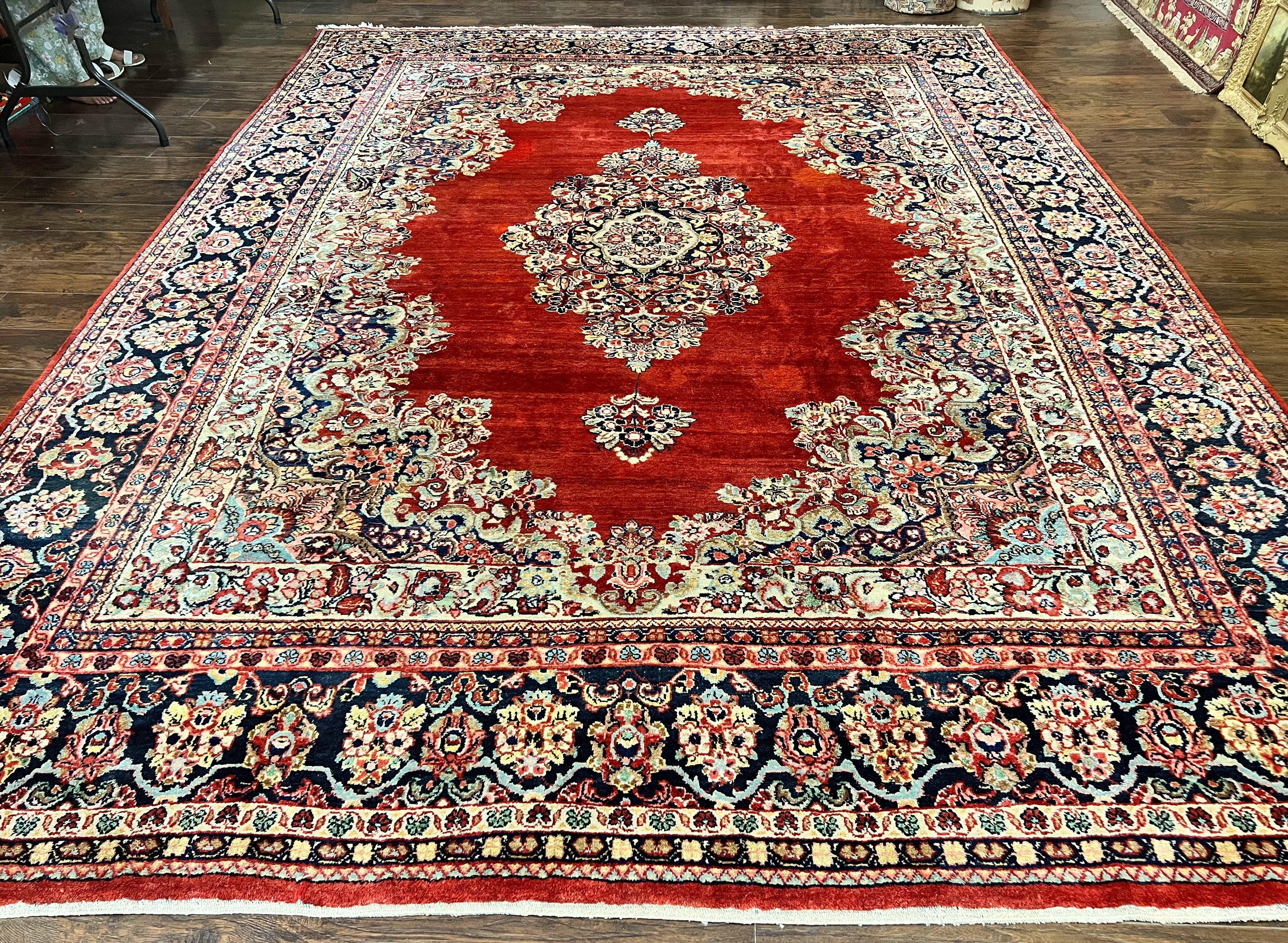 Persian Sarouk Rug 11x14, Semi Open Field, Large Antique Persian Wool Handmade Carpet, Red and Dark Blue, Floral