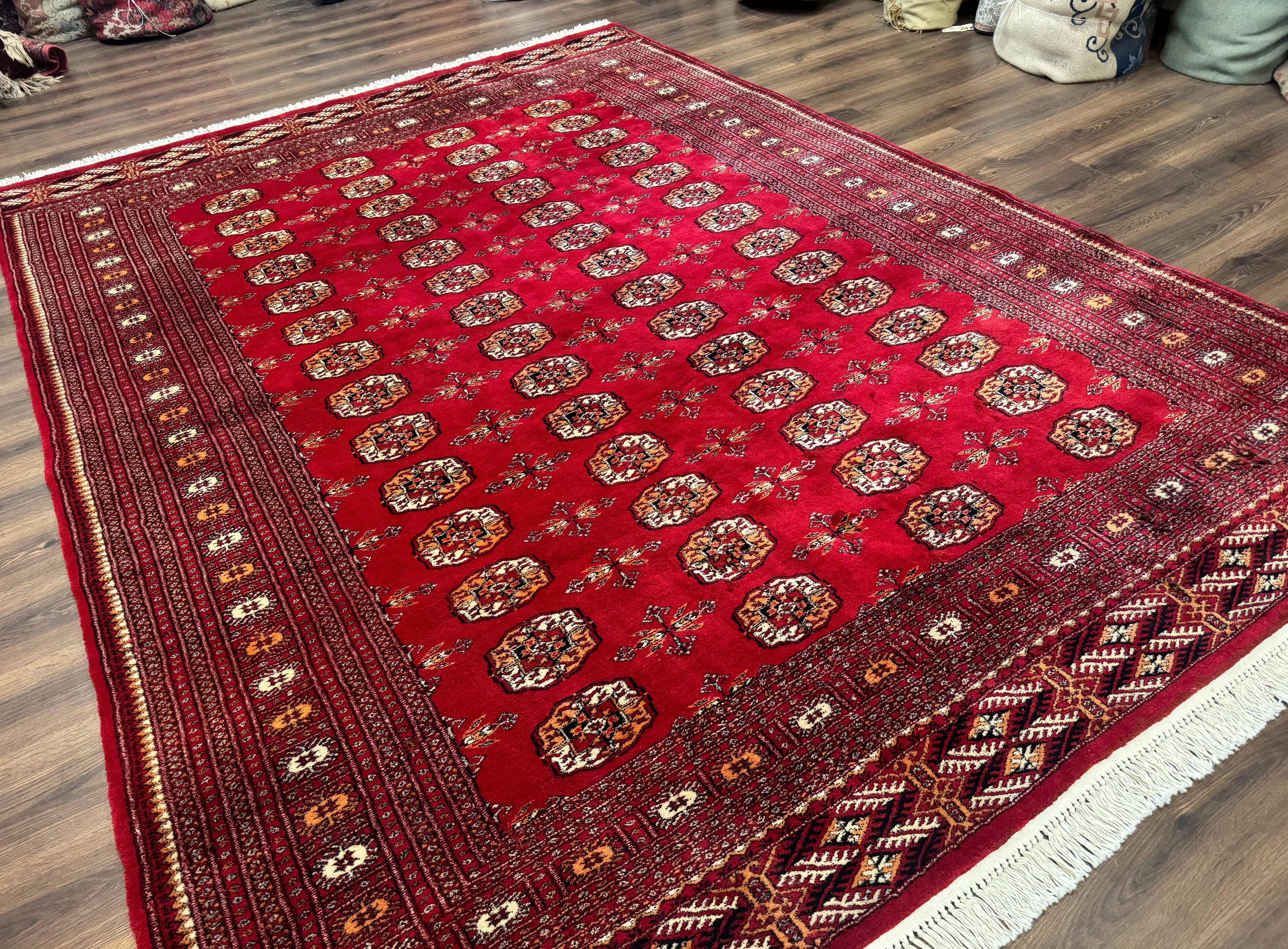 Red Turkoman Bokhara Rug 8x11, Pakistani Turkmen Carpet, Vintage Traditional Area Rug