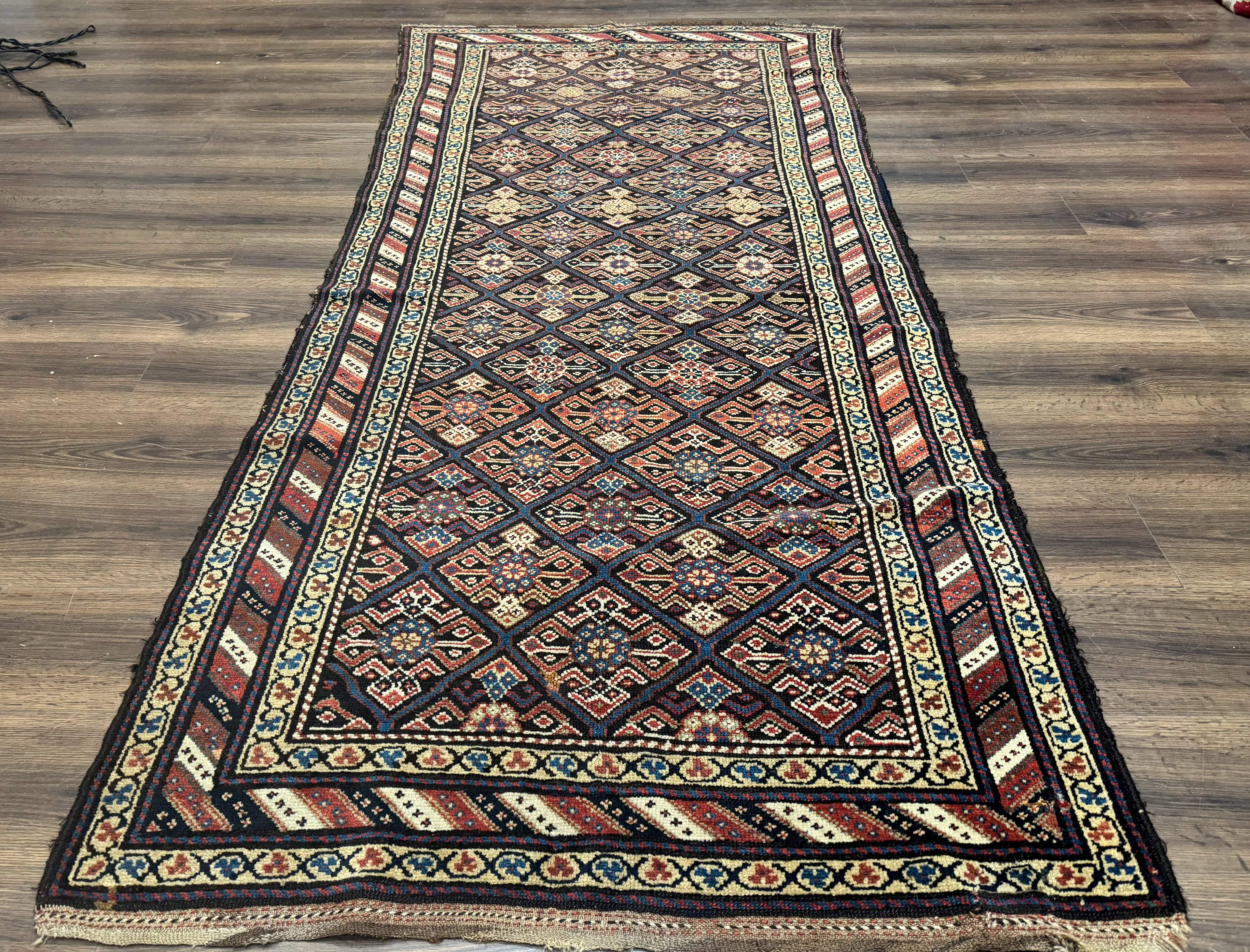 Antique Persian Wide Runner Rug 4x9, Kurdish Rug, Panel Design, Rainbow Border, Rare Tribal Rug