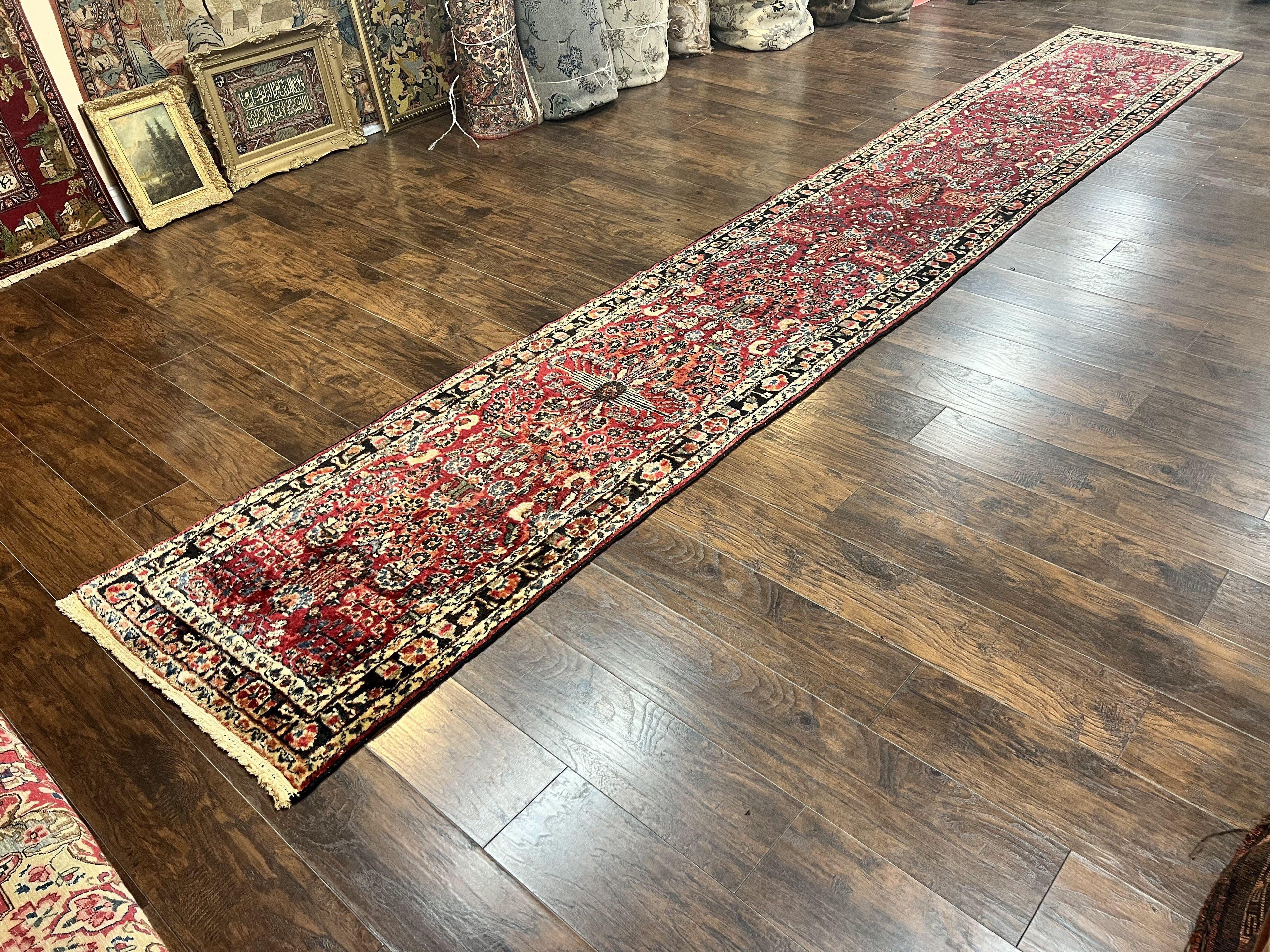 Antique Persian Runner Rug 2.9 x 17, Rare Sarouk Runner, Handmade Wool Rug for Hallway, Red, Floral