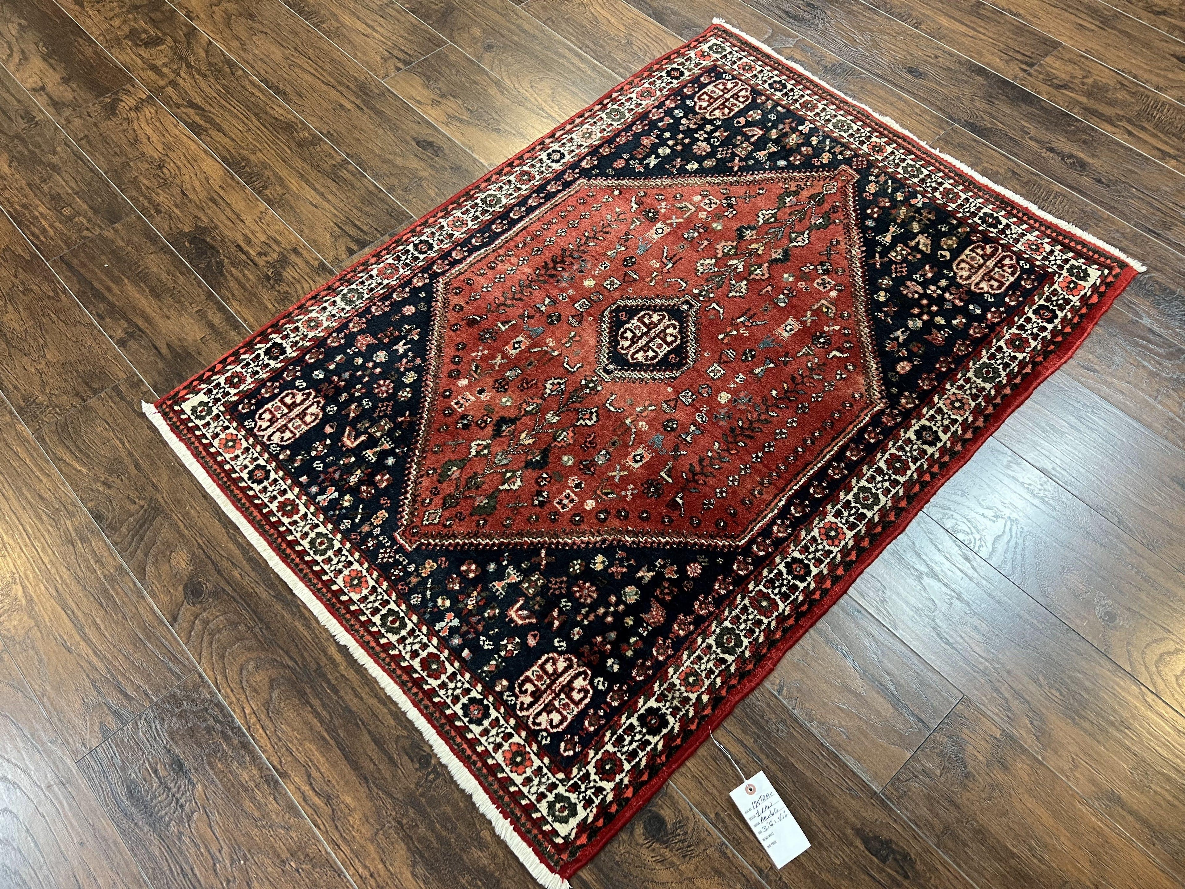 Persian Tribal Rug 3.6 x 5 ft, Persian Abadeh Rug, Geometric Medallion Bird Motifs, Red and Navy Blue Hand Knotted Handmade Wool Vintage Oriental Carpet