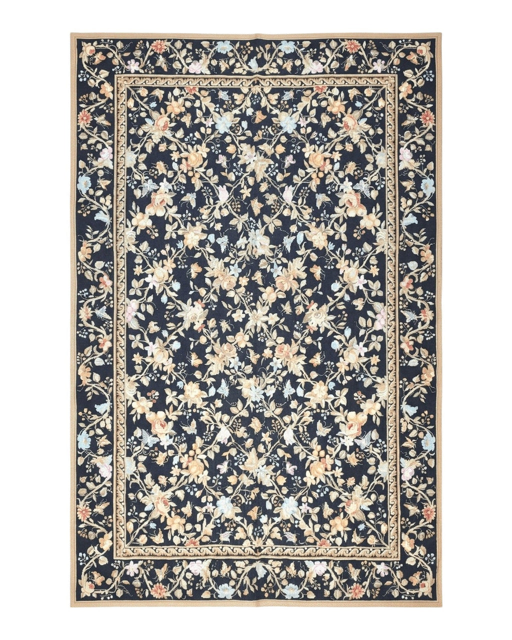 6x9 Vintage Needlepoint Rug, Petitepoint Carpet, Butterflies Floral Design
