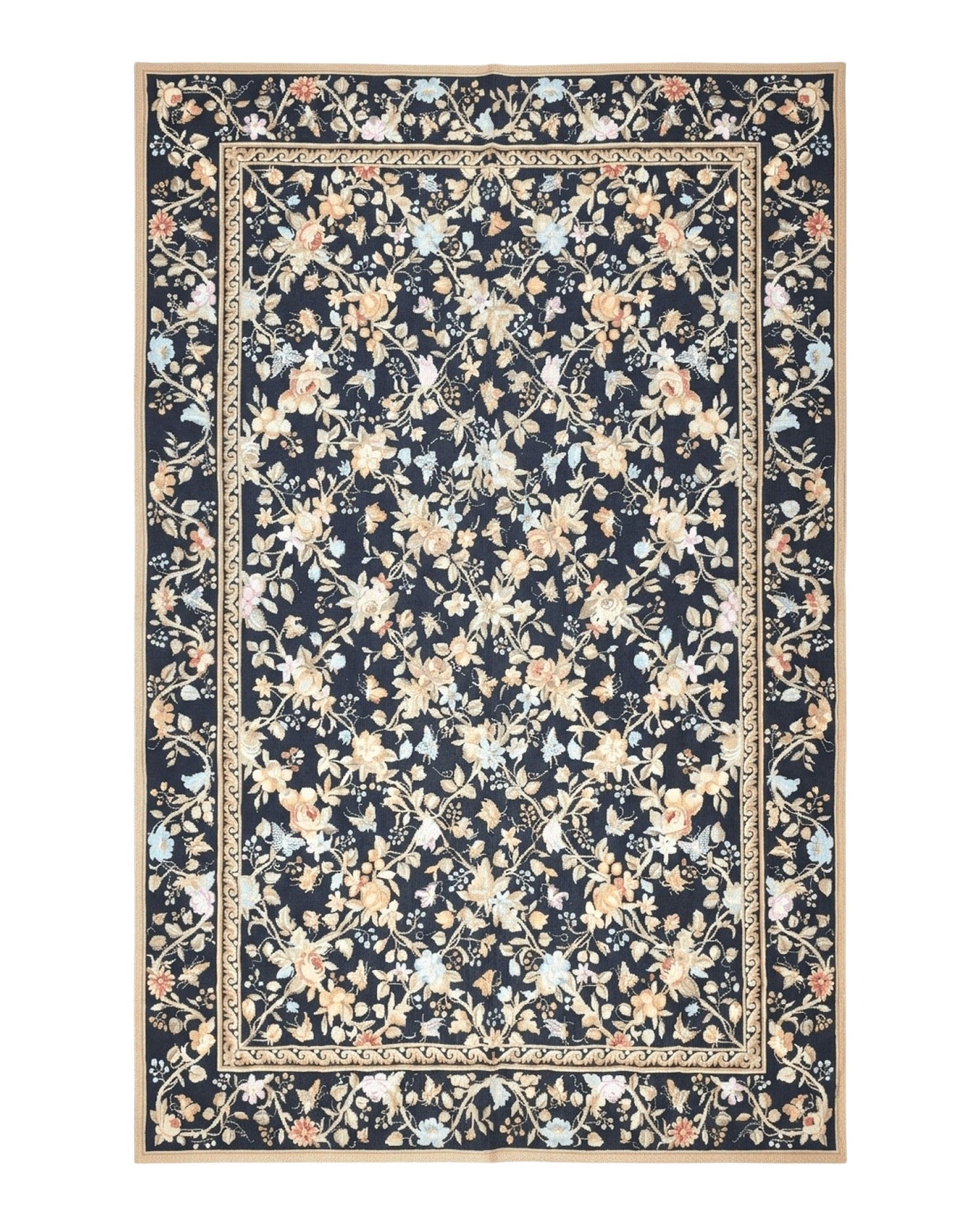 6x9 Vintage Needlepoint Rug, Petitepoint Carpet, Butterflies Floral Design