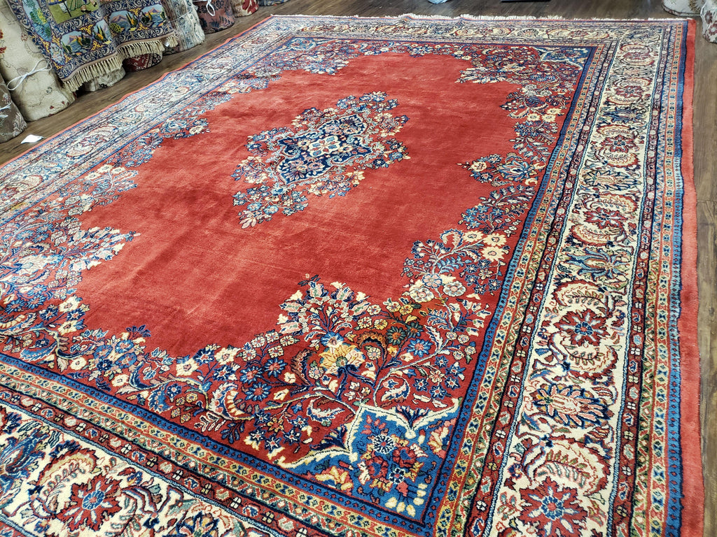 Semi Antique Persian Sarouk Rug 9x12,  Semi Open Field with Central Medallion, Hand Knotted Wool, Tomato Red, 9 x 12 Authentic Oriental Carpet