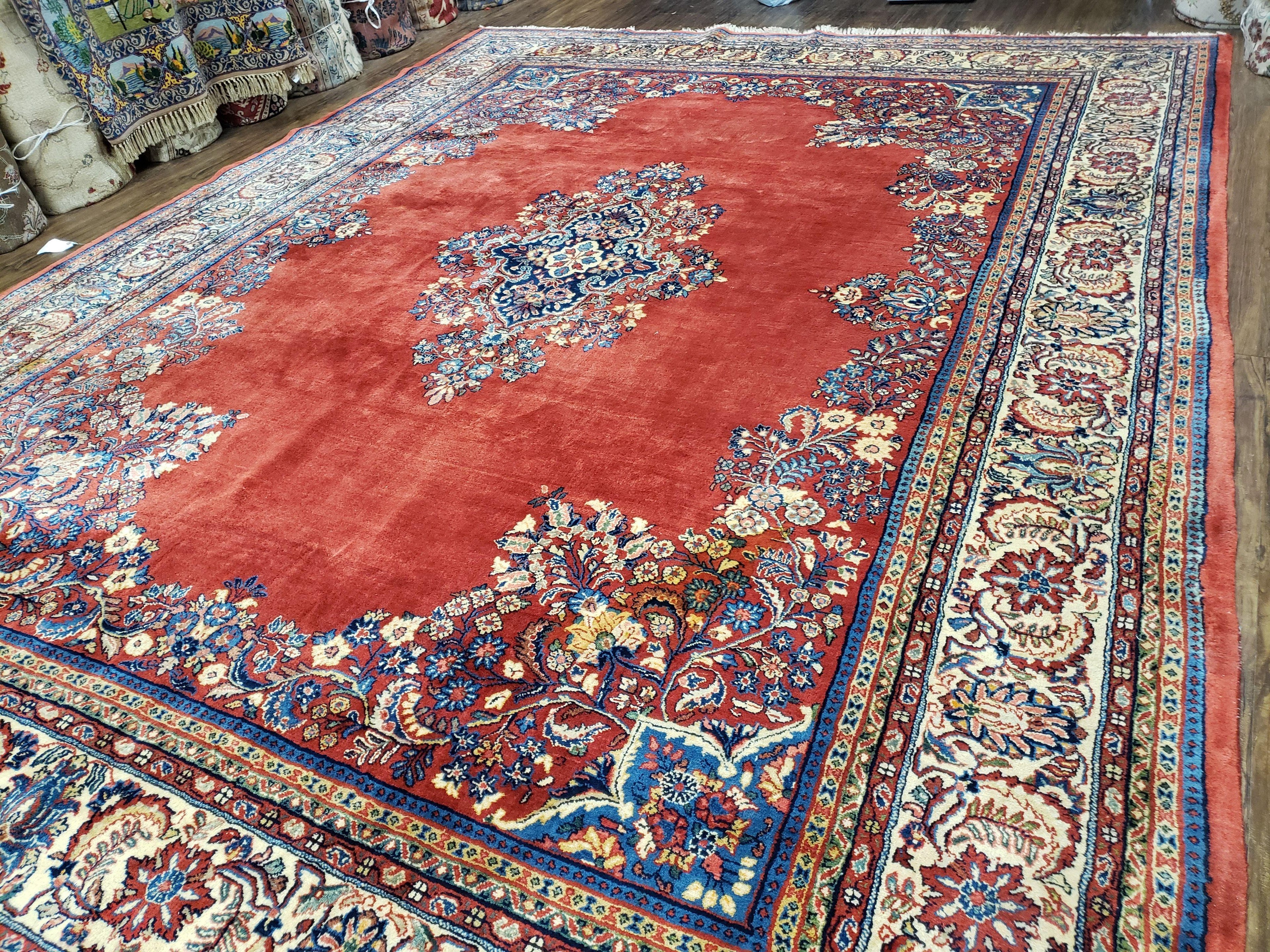 Semi Antique Persian Sarouk Rug 9x12,  Semi Open Field with Central Medallion, Hand Knotted Wool, Tomato Red, 9 x 12 Authentic Oriental Carpet