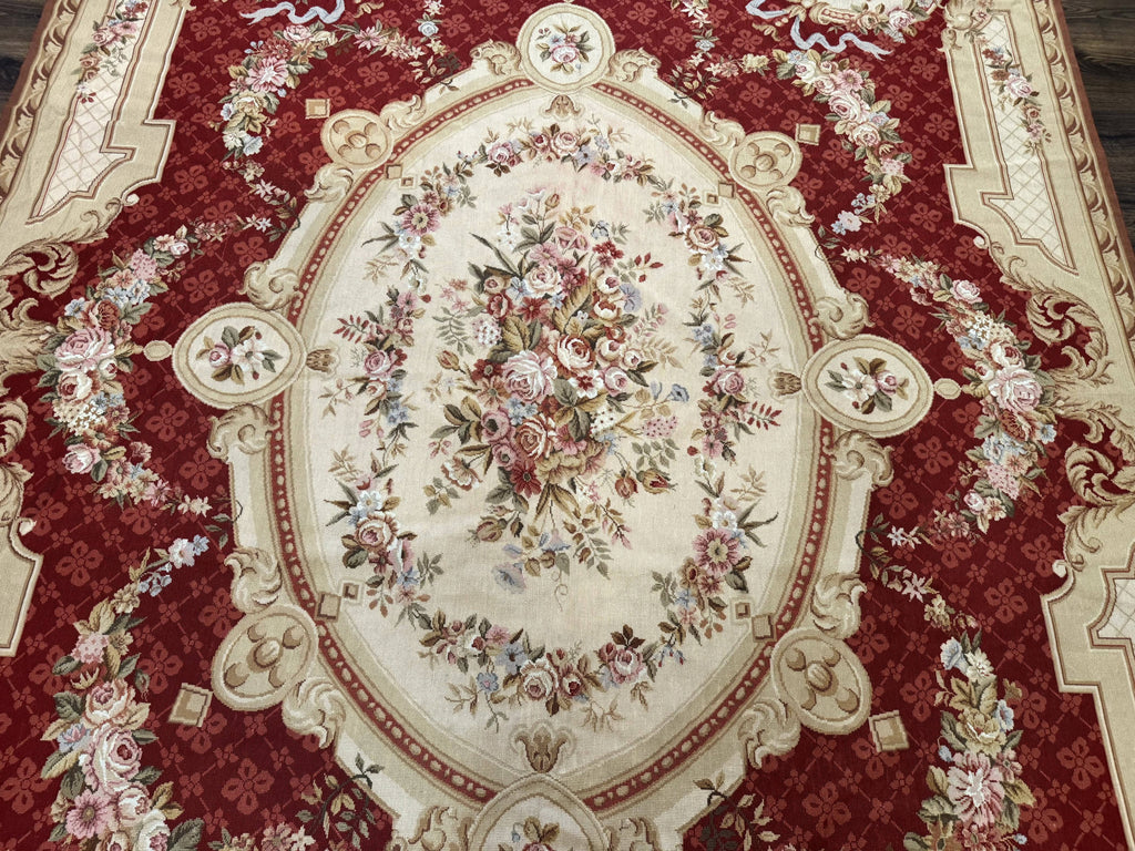 Aubusson Rug 8x11, Needlepoint Carpet, Red Ivory Beige, Vintage, French European Design