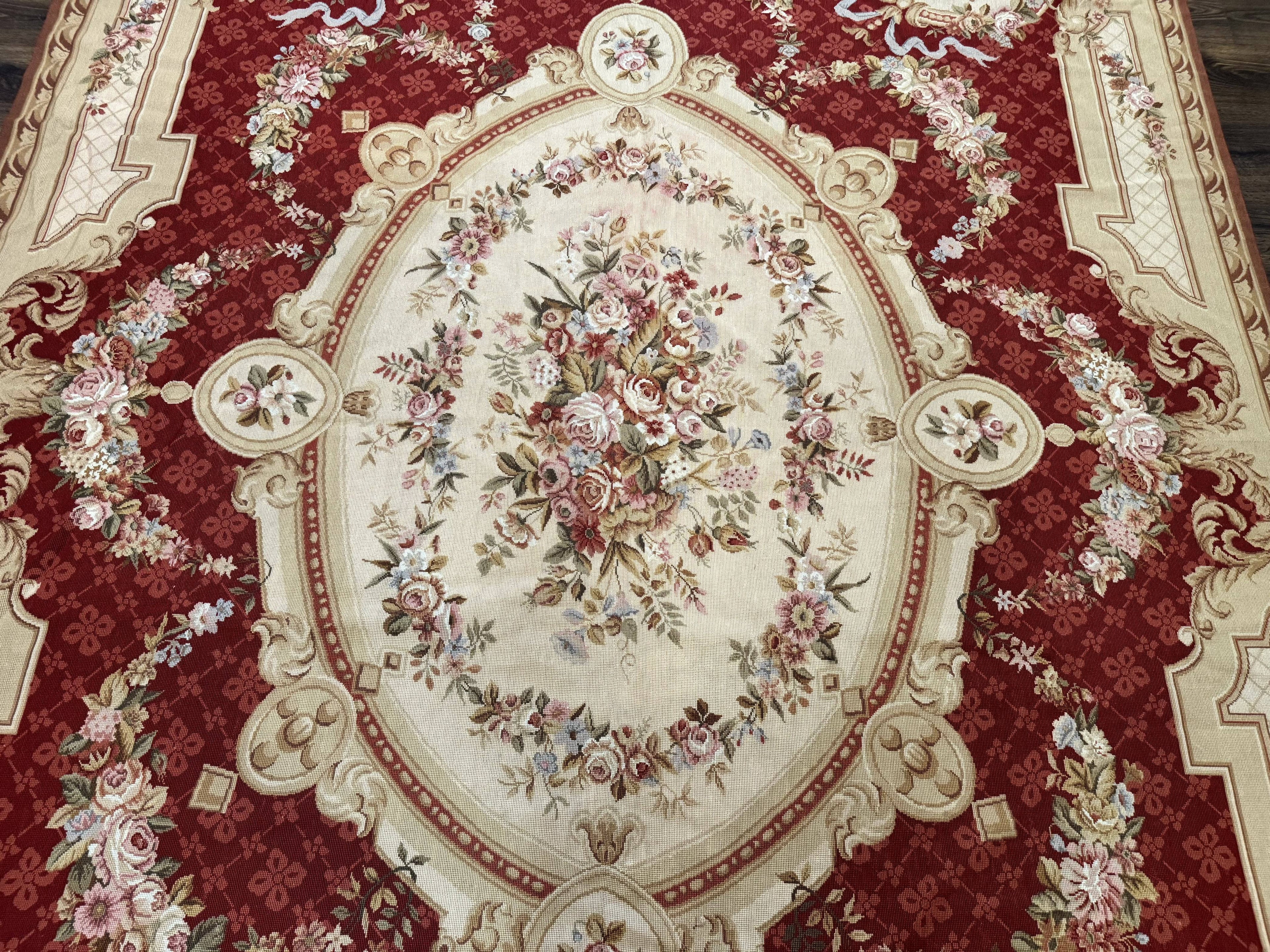 Aubusson Rug 8x11, Needlepoint Carpet, Red Ivory Beige, Vintage, French European Design