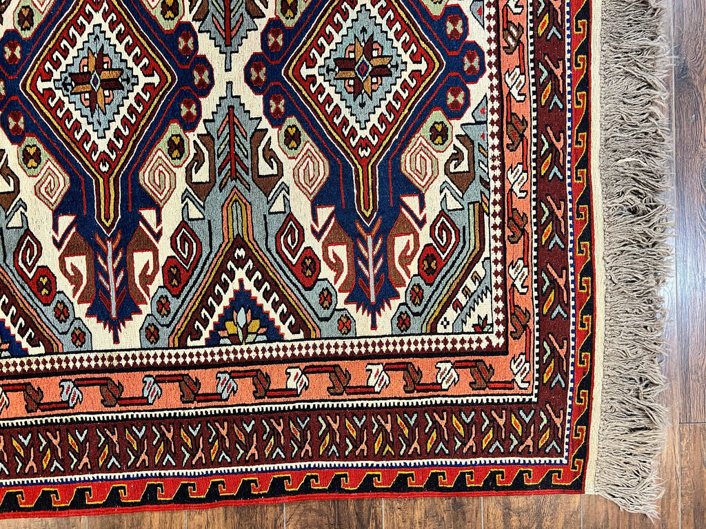 Russian Soumak Rug 6x8, Wool Handmade Antique Kilim Carpet, Multicolor 6 x 8 Geometric Medallions Caucasian Rug, Medium Size