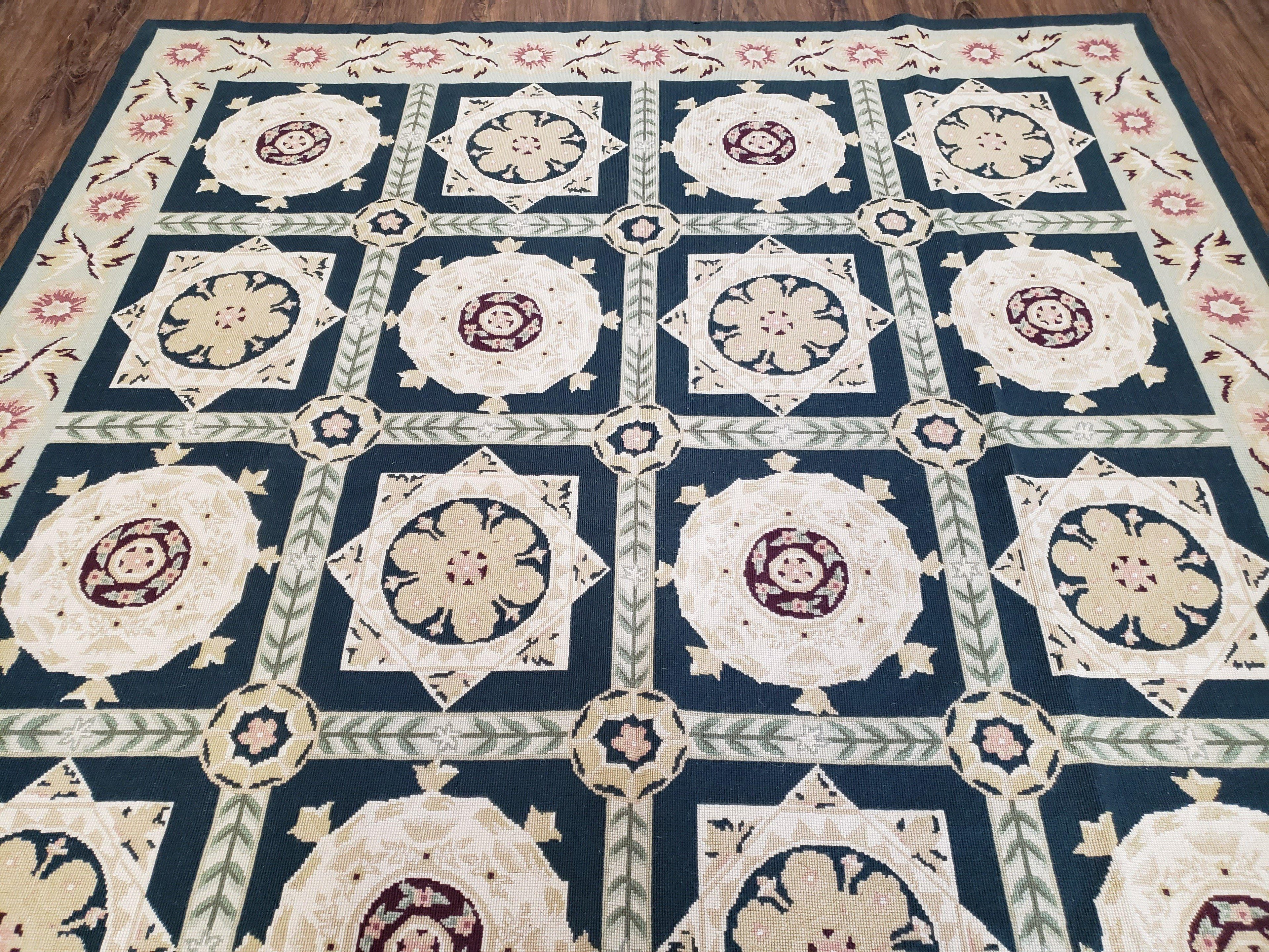 Vintage Chinese Needlepoint Rug 6x9, Panel Design Area Rug Wool Hand-Woven Black & Ivory Carpet Flat Weave Bedroom Rug 6 x 9 Living Room Rug