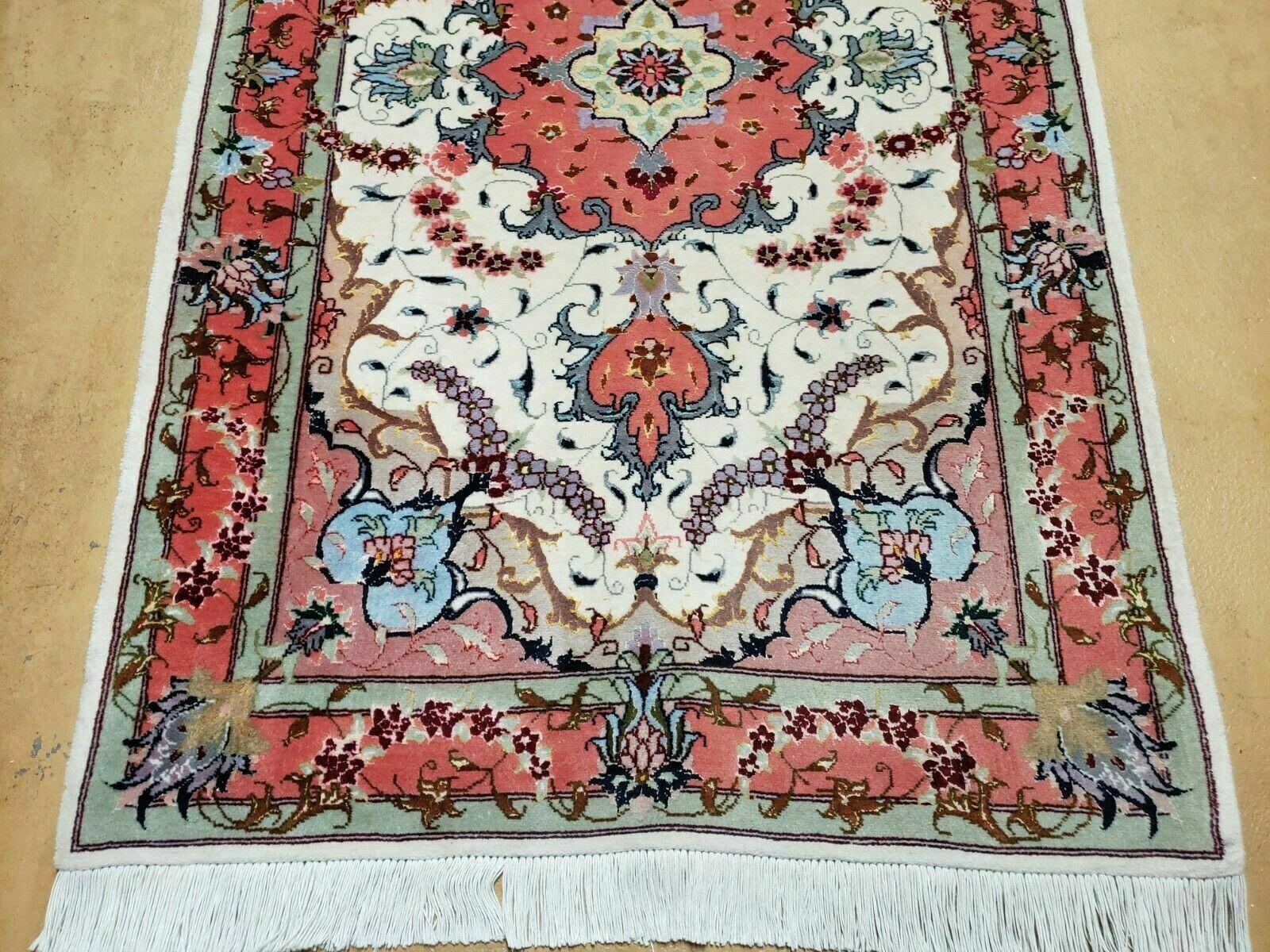 Small Vintage Persian Tabriz Wool and Silk Rug 2.5 x 4 ft, Very Finely Hand Knotted, Medallion, Ivory Salmon Light Blue, Top Quality, Pair A