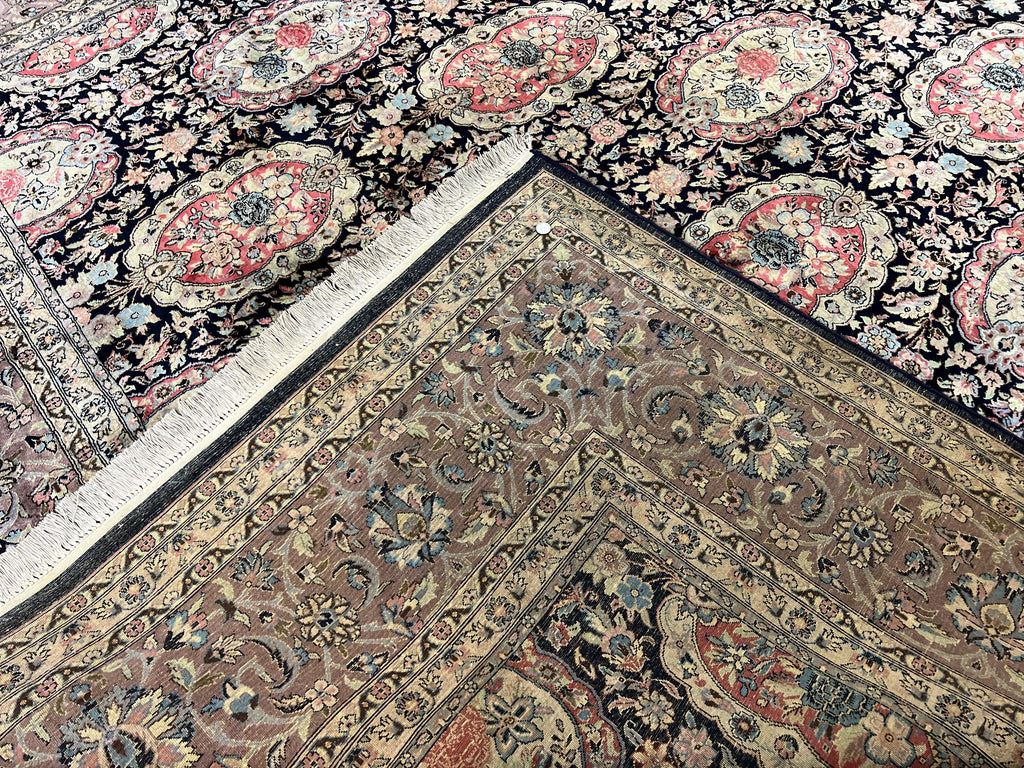 Sino Persian Rug 9x12, Navy Blue and Pink Hand Knotted Wool and Silk Highlights Vintage Oriental Carpet, Handmade Floral Area Rug 9 x 12 ft