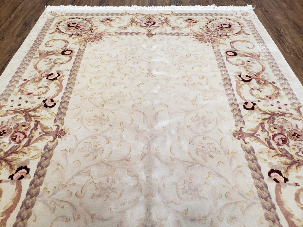 Vintage Ivory Chinese Aubusson Area Rug 6x9, Wool & Silk, Hand-Knotted 120 Line Fine Rug, European Design Carpet, 6 x 9 Master Signature Rug