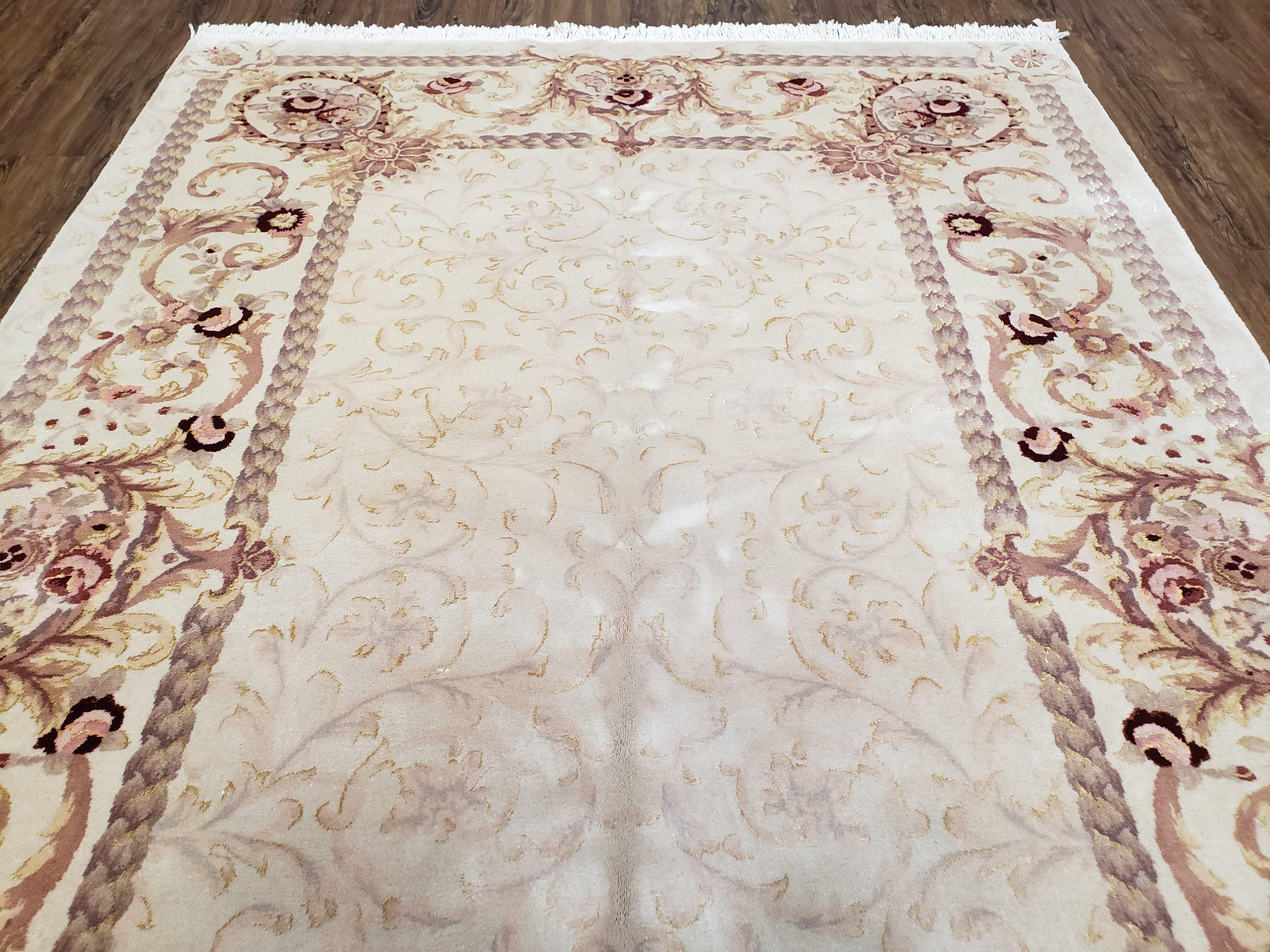 Vintage Ivory Chinese Aubusson Area Rug 6x9, Wool & Silk, Hand-Knotted 120 Line Fine Rug, European Design Carpet, 6 x 9 Master Signature Rug