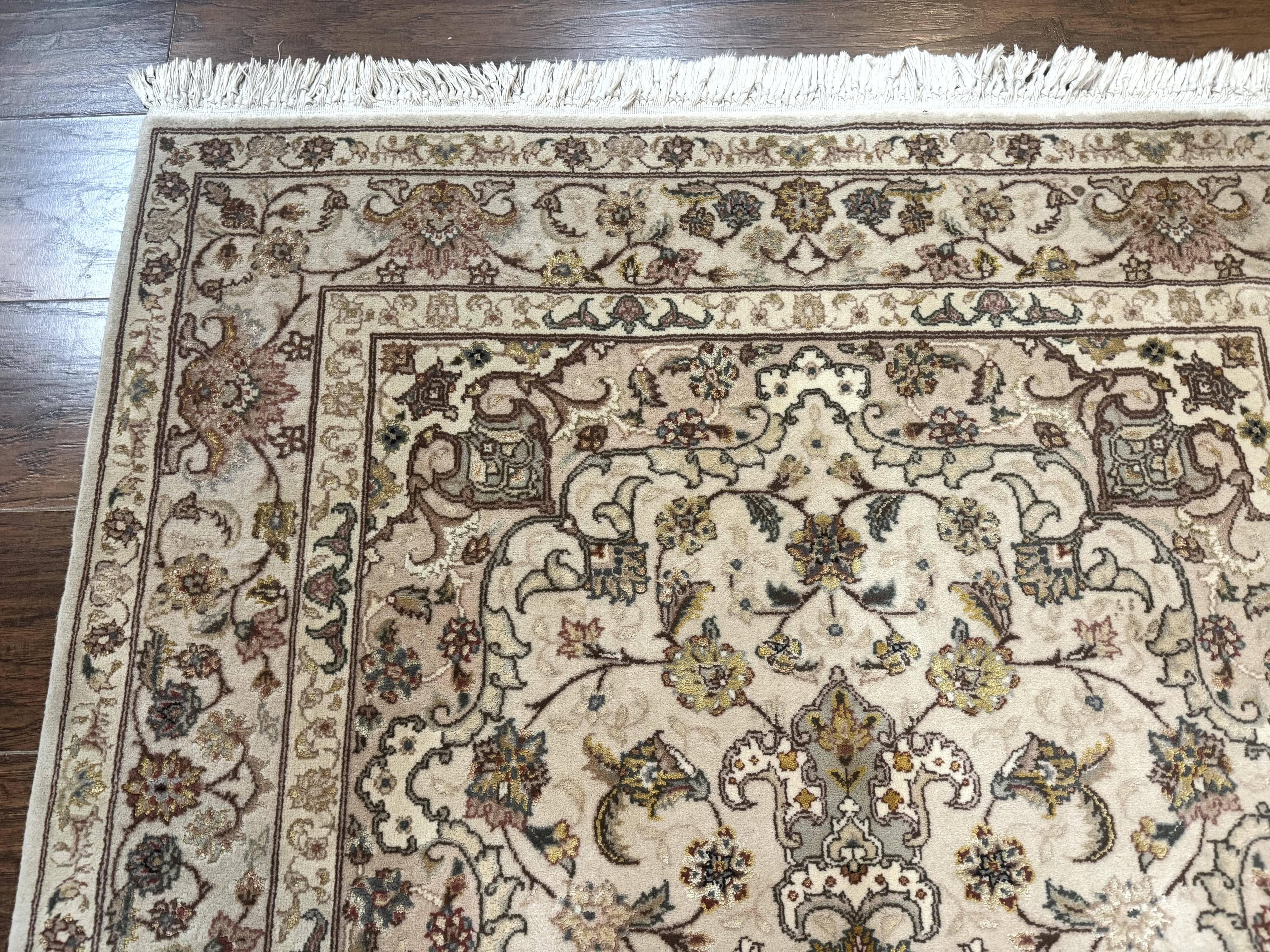 Pak Persian Rug 4x6, Floral Medallion, Beige, Wool and Silk Highlights, Vintage Handmade Rug